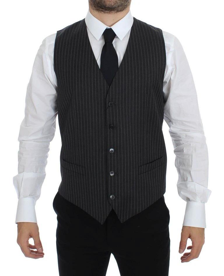 Dolce & Gabbana Gray Striped Wool Single Breasted Vest by Dolce & Gabbana