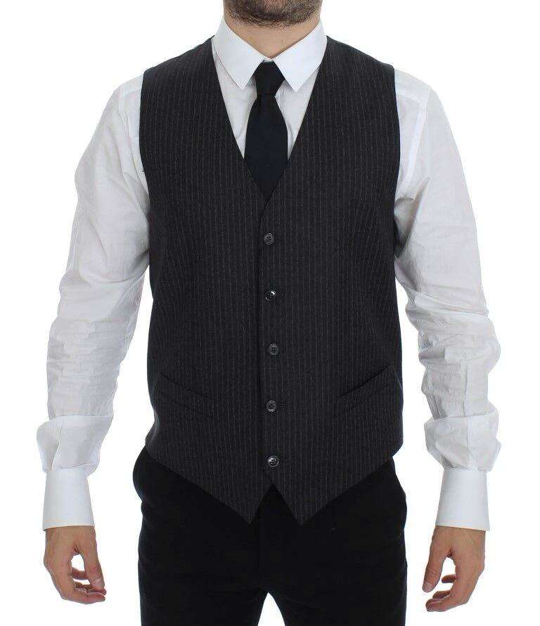 Dolce & Gabbana Gray Striped Wool Single Breasted Vest by Dolce & Gabbana