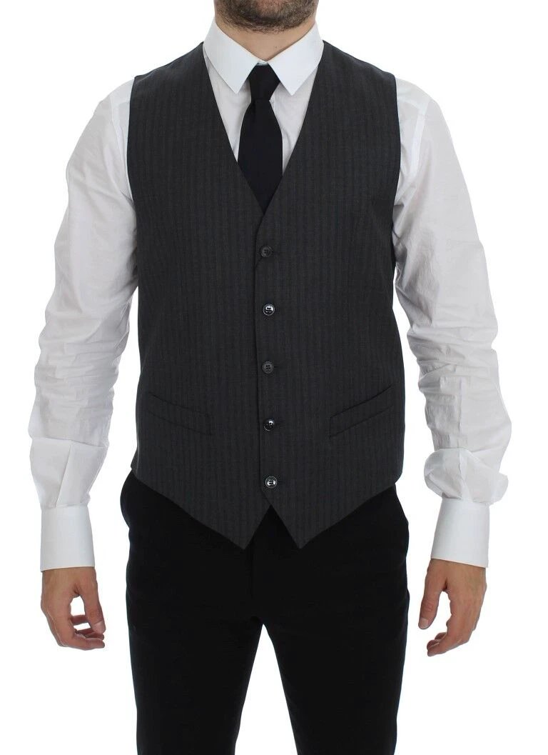 Dolce & Gabbana Gray Striped Wool Single Breasted Vest by Dolce & Gabbana