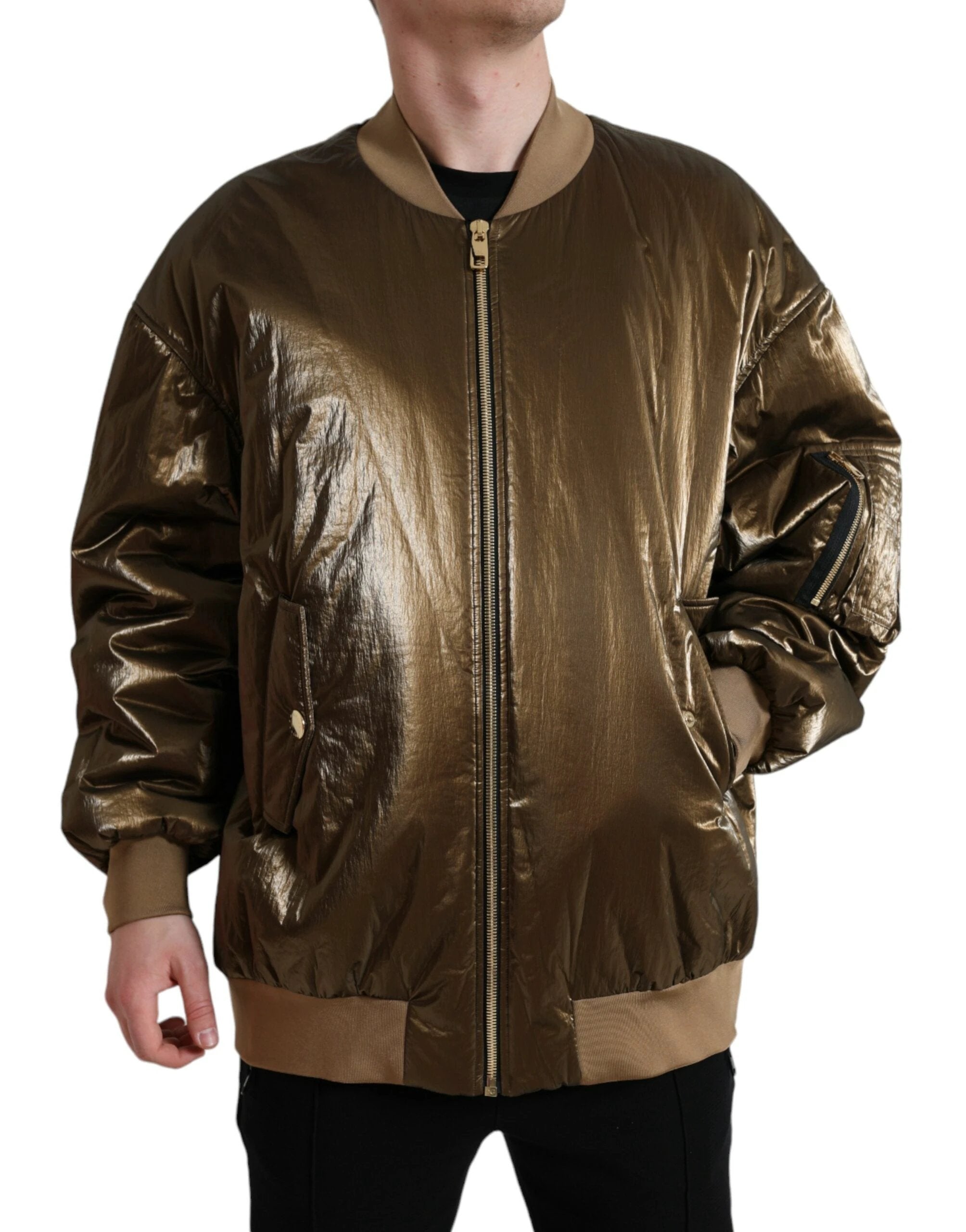 Dolce & Gabbana Bronze Nylon Full Zip Men Bomber Jacket by Dolce & Gabbana