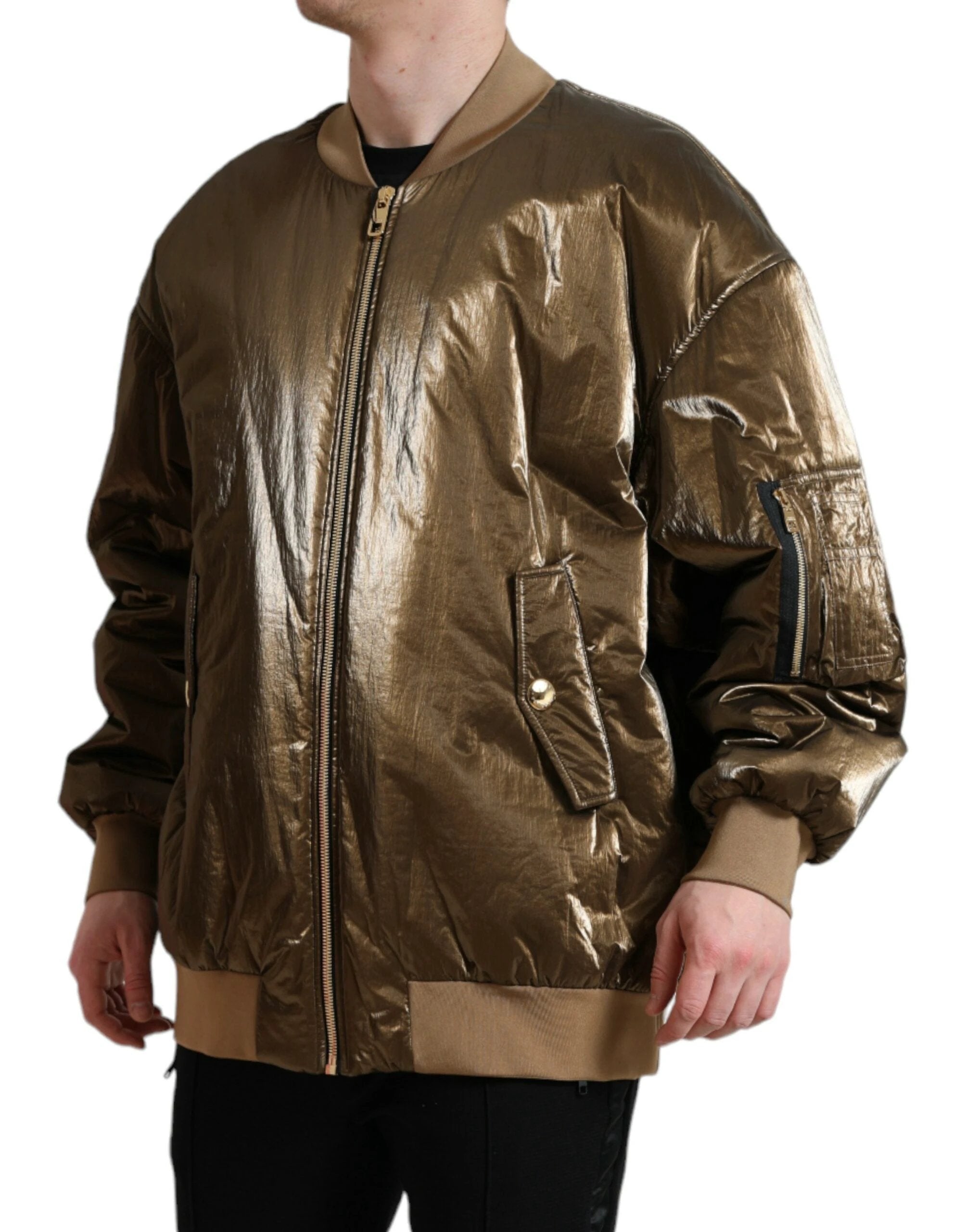 Dolce & Gabbana Bronze Nylon Full Zip Men Bomber Jacket by Dolce & Gabbana