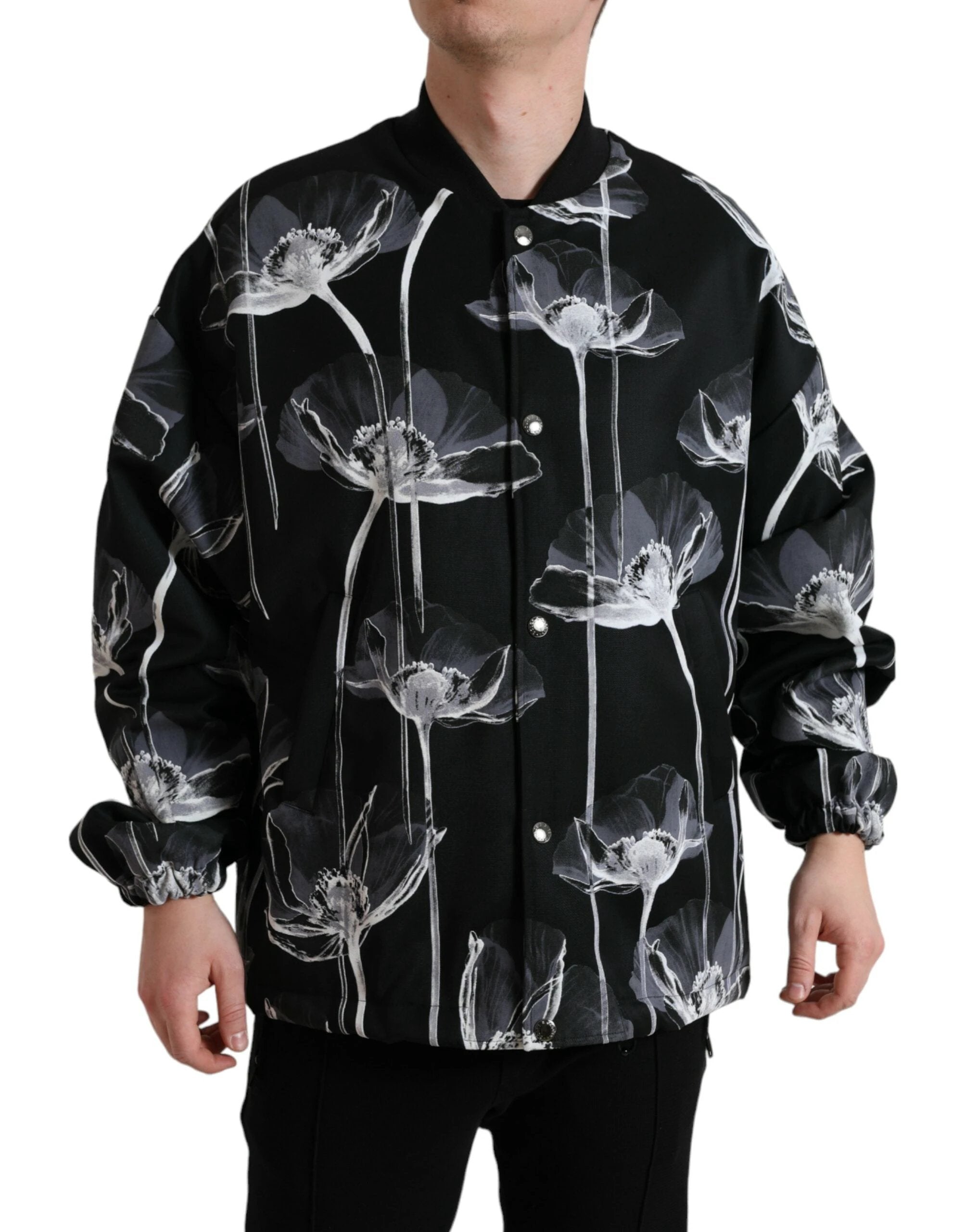 Dolce & Gabbana Black Floral Print Wool Button Down Bomber Jacket by Dolce & Gabbana