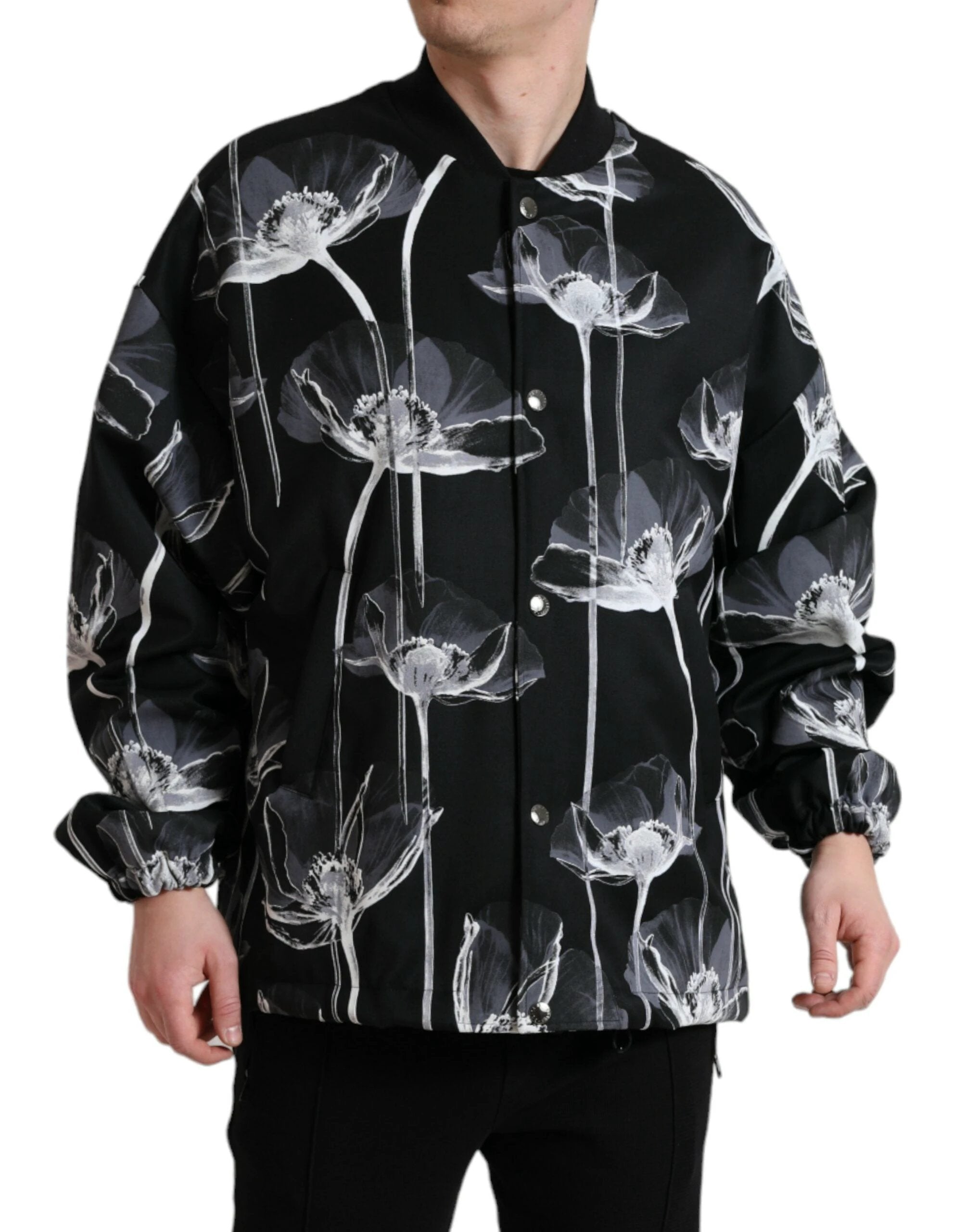 Dolce & Gabbana Black Floral Print Wool Button Down Bomber Jacket by Dolce & Gabbana
