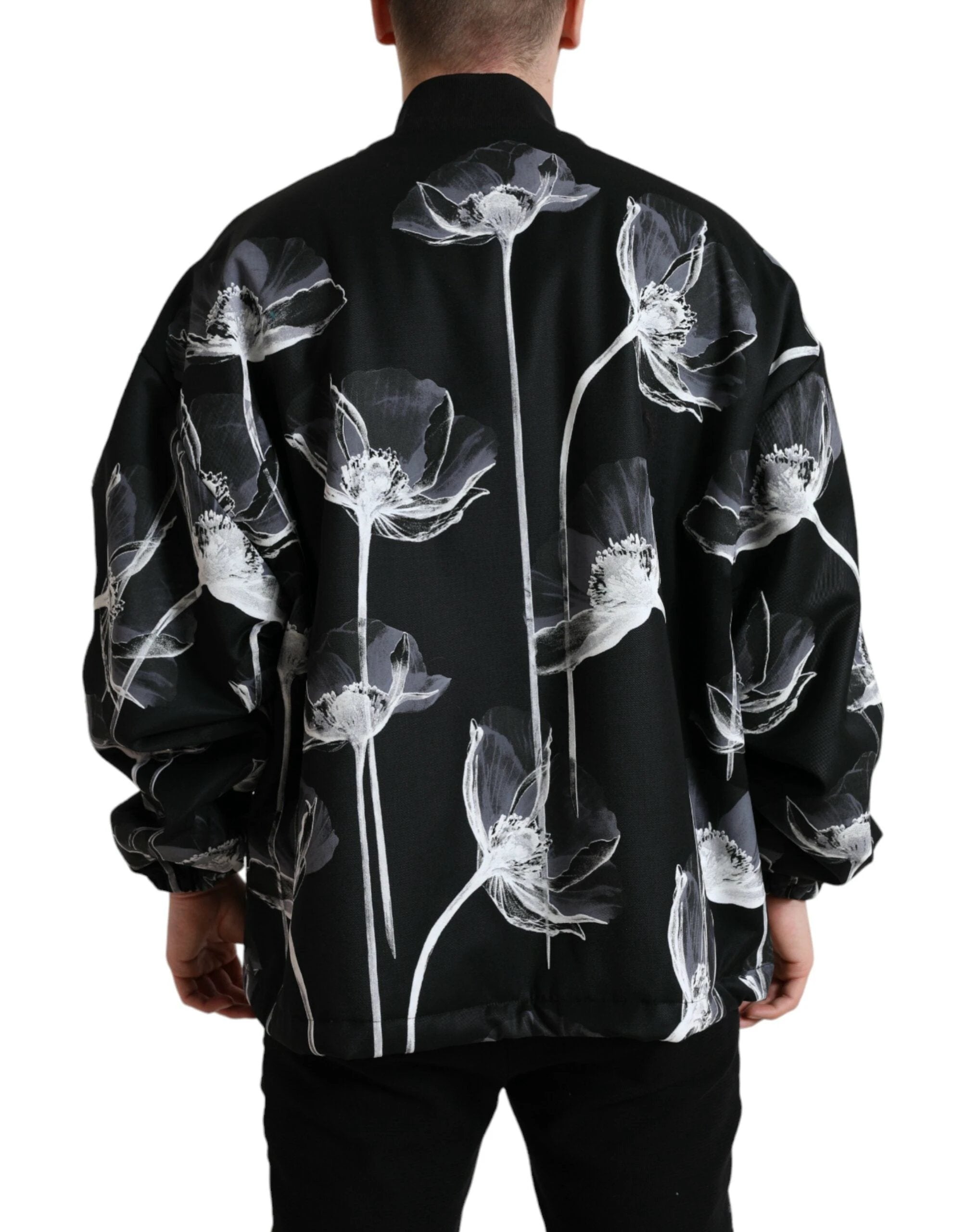 Dolce & Gabbana Black Floral Print Wool Button Down Bomber Jacket by Dolce & Gabbana