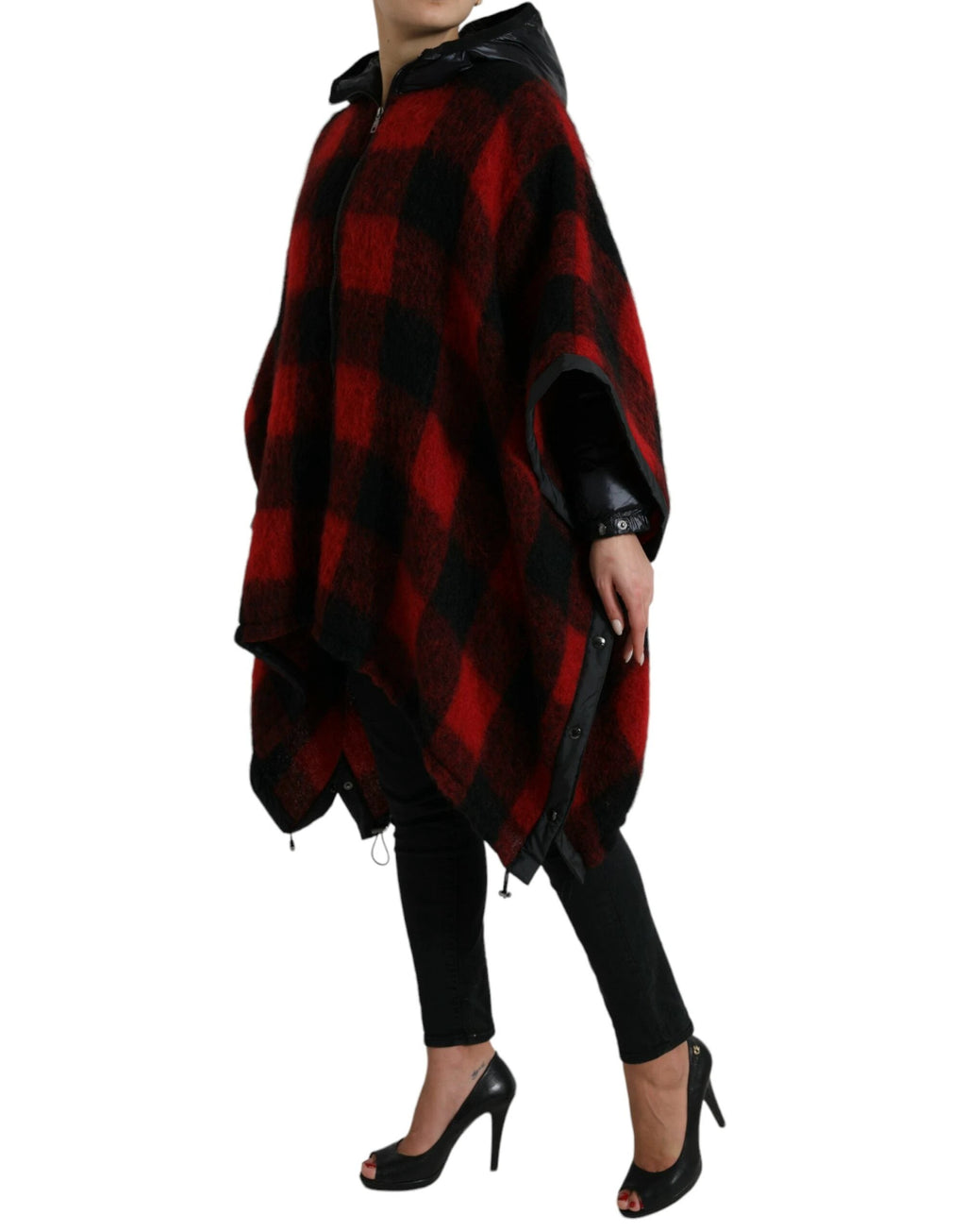 Dolce & Gabbana Black Red Buffalo Check Hooded Poncho Jacket by Dolce & Gabbana