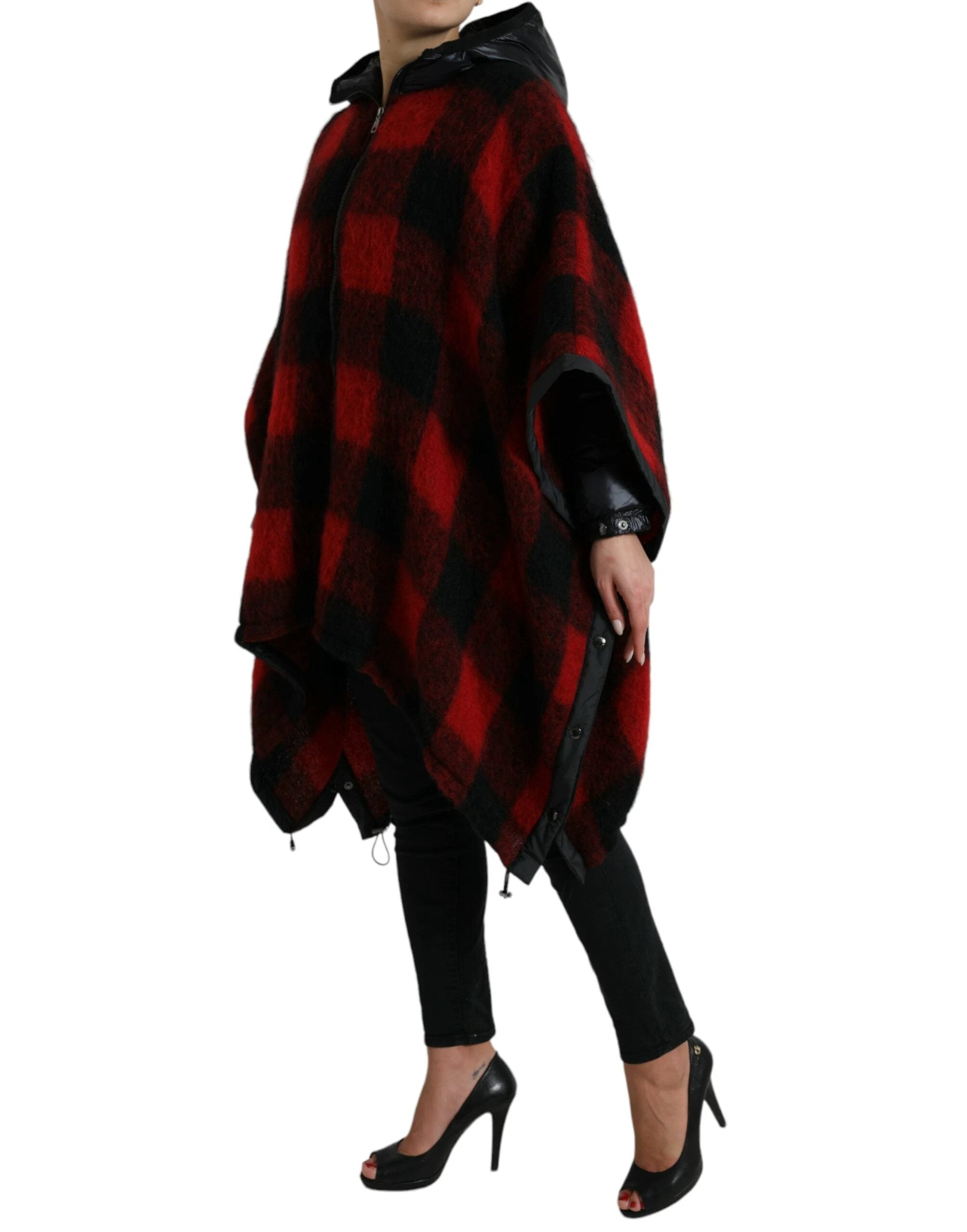 Dolce & Gabbana Black Red Buffalo Check Hooded Poncho Jacket by Dolce & Gabbana