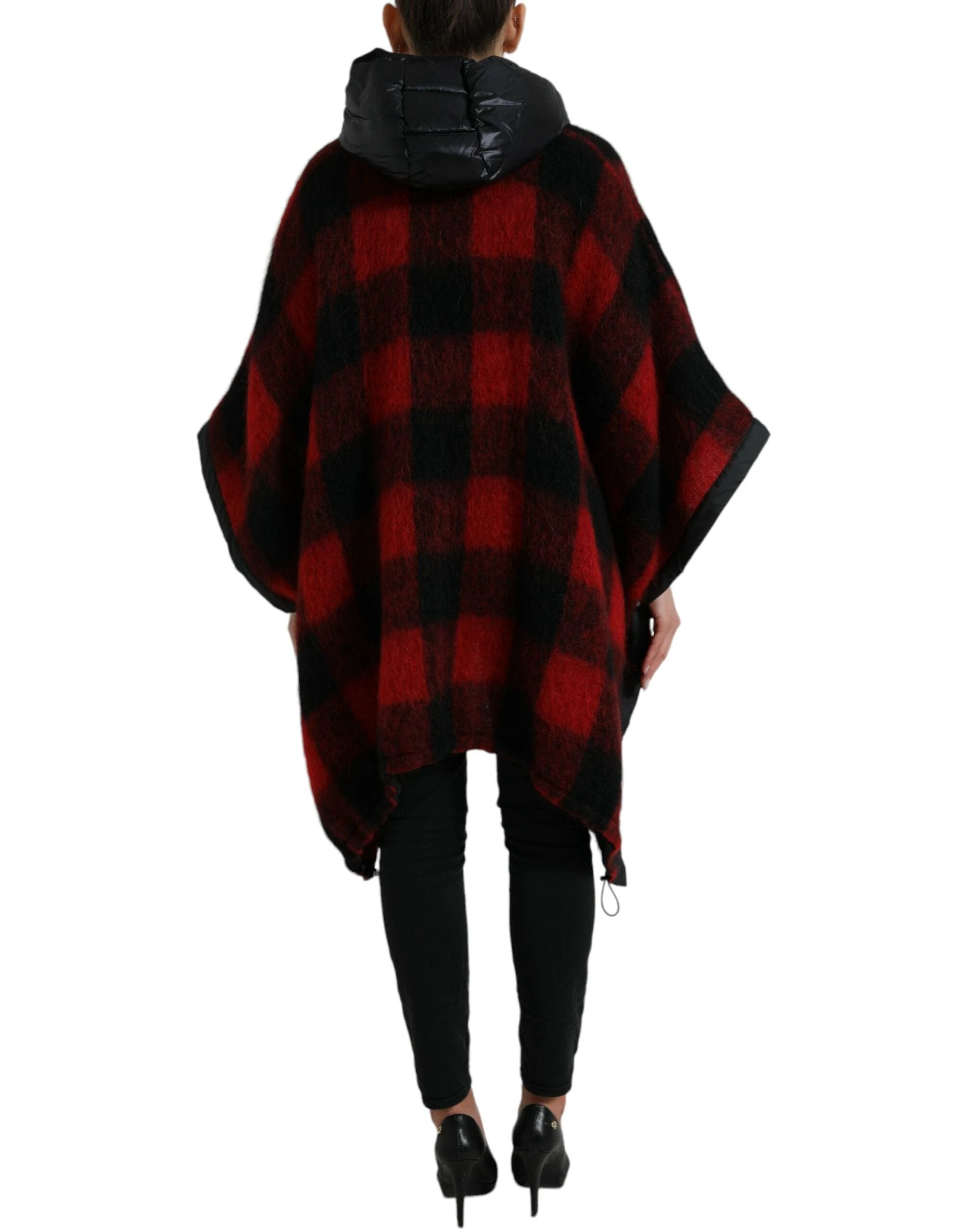 Dolce & Gabbana Black Red Buffalo Check Hooded Poncho Jacket by Dolce & Gabbana