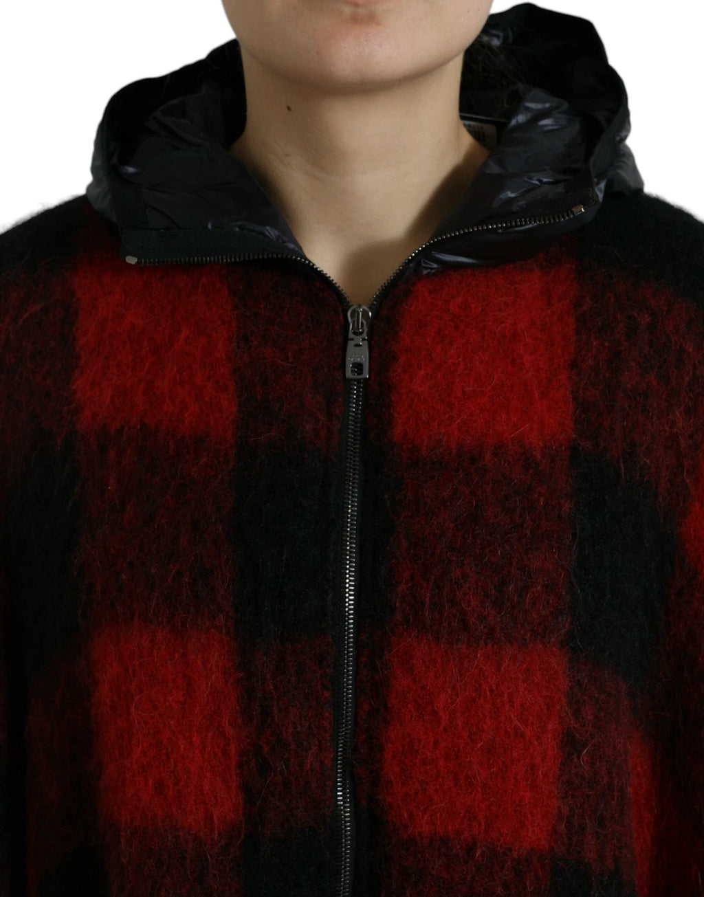 Dolce & Gabbana Black Red Buffalo Check Hooded Poncho Jacket by Dolce & Gabbana