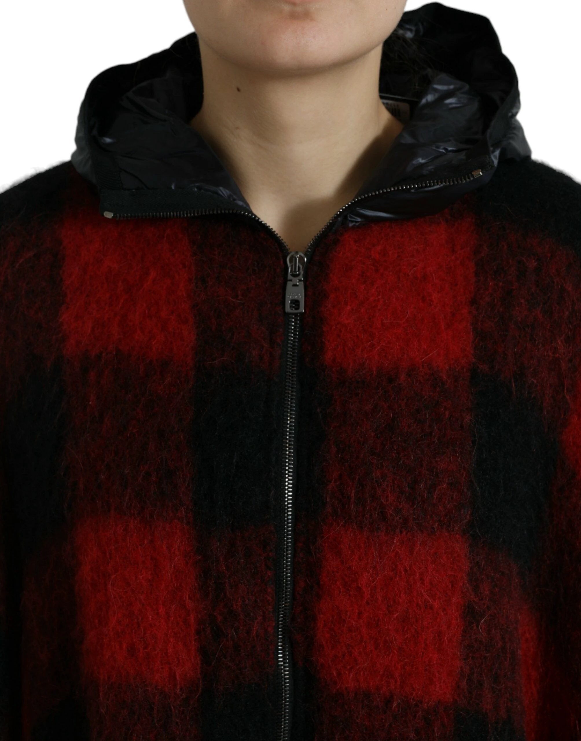 Dolce & Gabbana Black Red Buffalo Check Hooded Poncho Jacket by Dolce & Gabbana