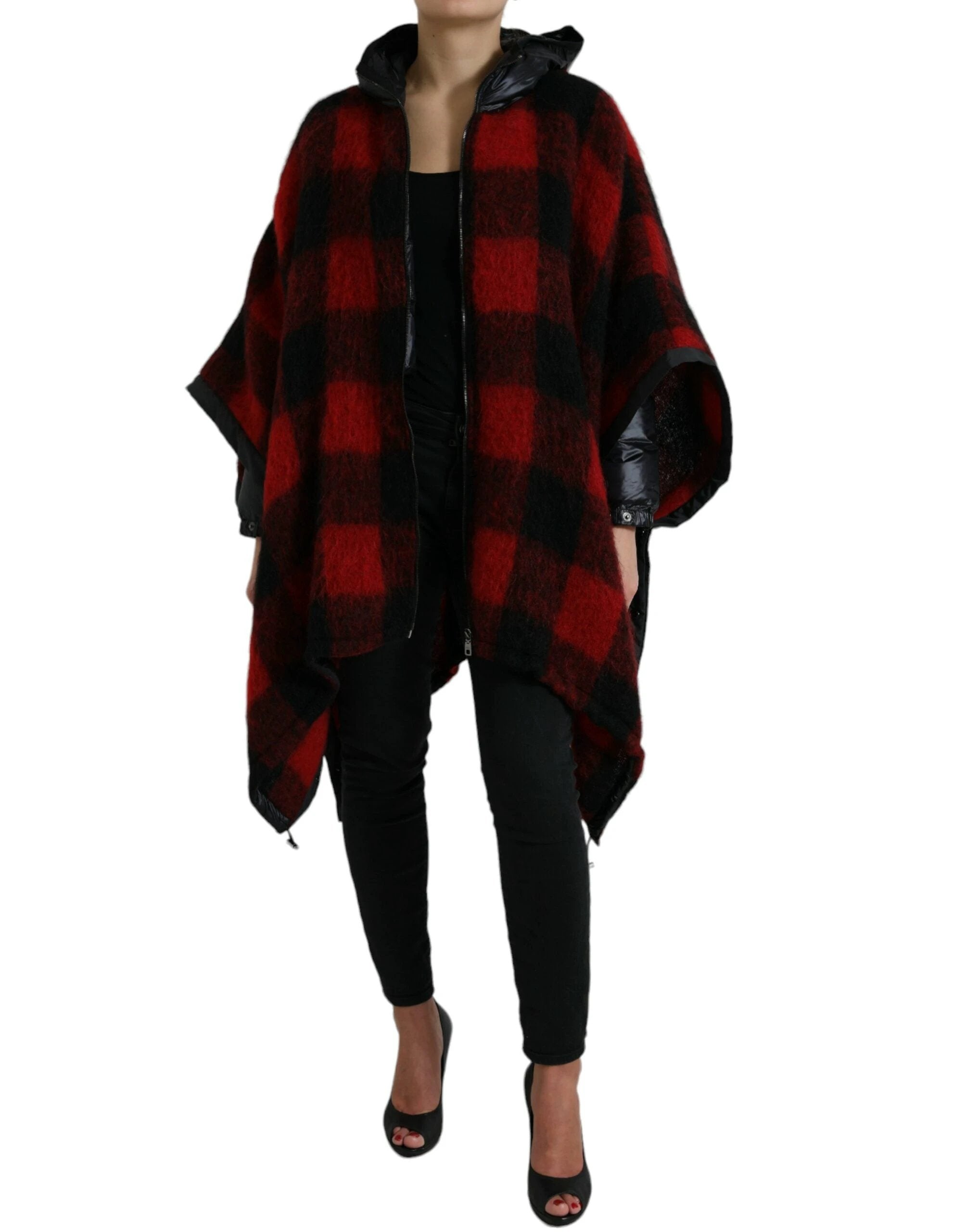 Dolce & Gabbana Black Red Buffalo Check Hooded Poncho Jacket by Dolce & Gabbana