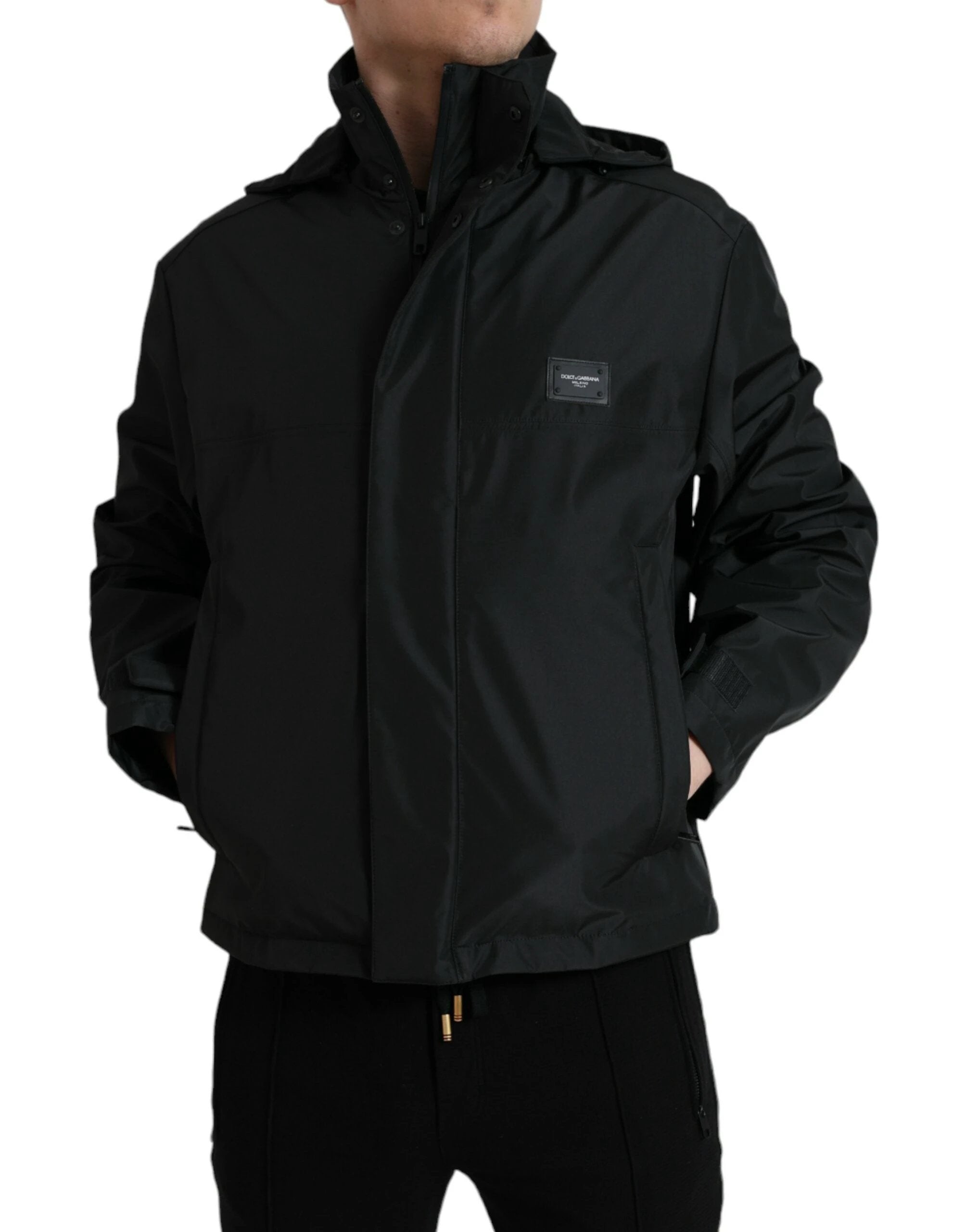 Dolce & Gabbana Black Polyester Logo Plaque Hooded Jacket – BY