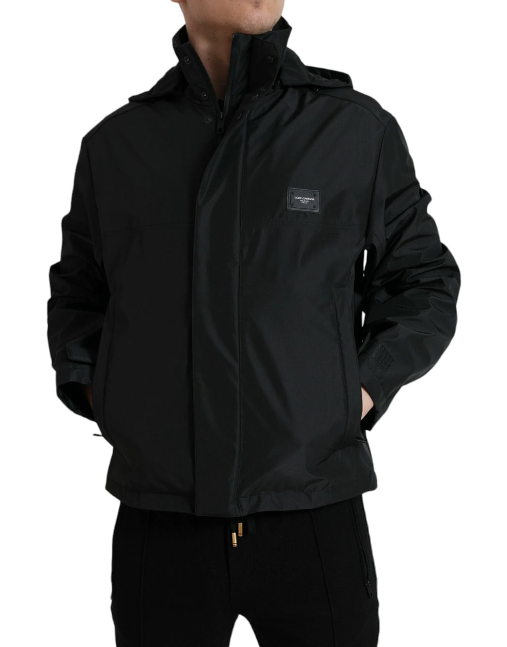 Dolce & Gabbana Black Polyester Logo Plaque Hooded Jacket by Dolce & Gabbana