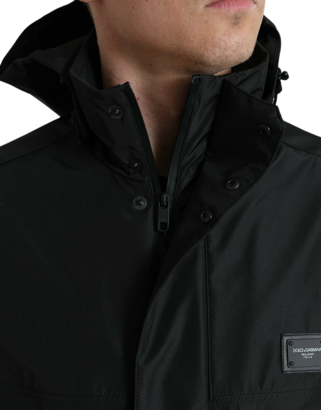 Dolce & Gabbana Black Polyester Logo Plaque Hooded Jacket by Dolce & Gabbana