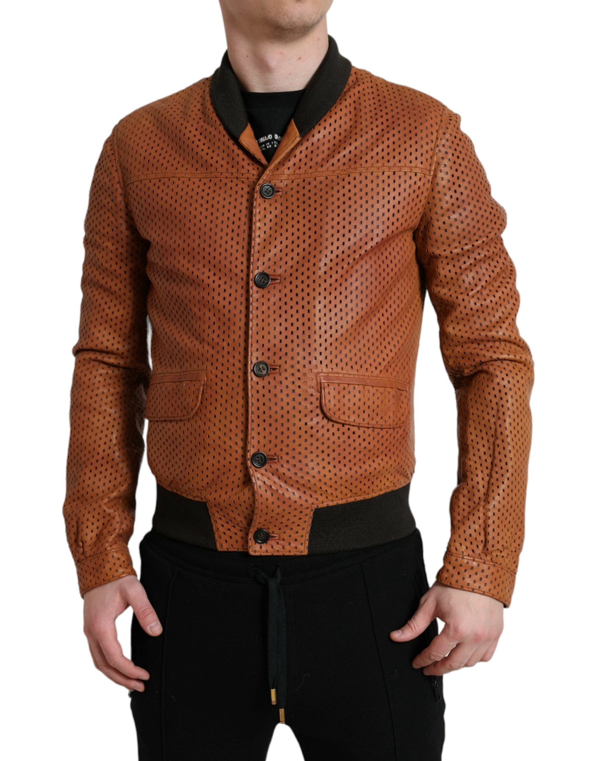 Dolce & Gabbana Brown Lambskin Leather Perforated Jacket by Dolce & Gabbana