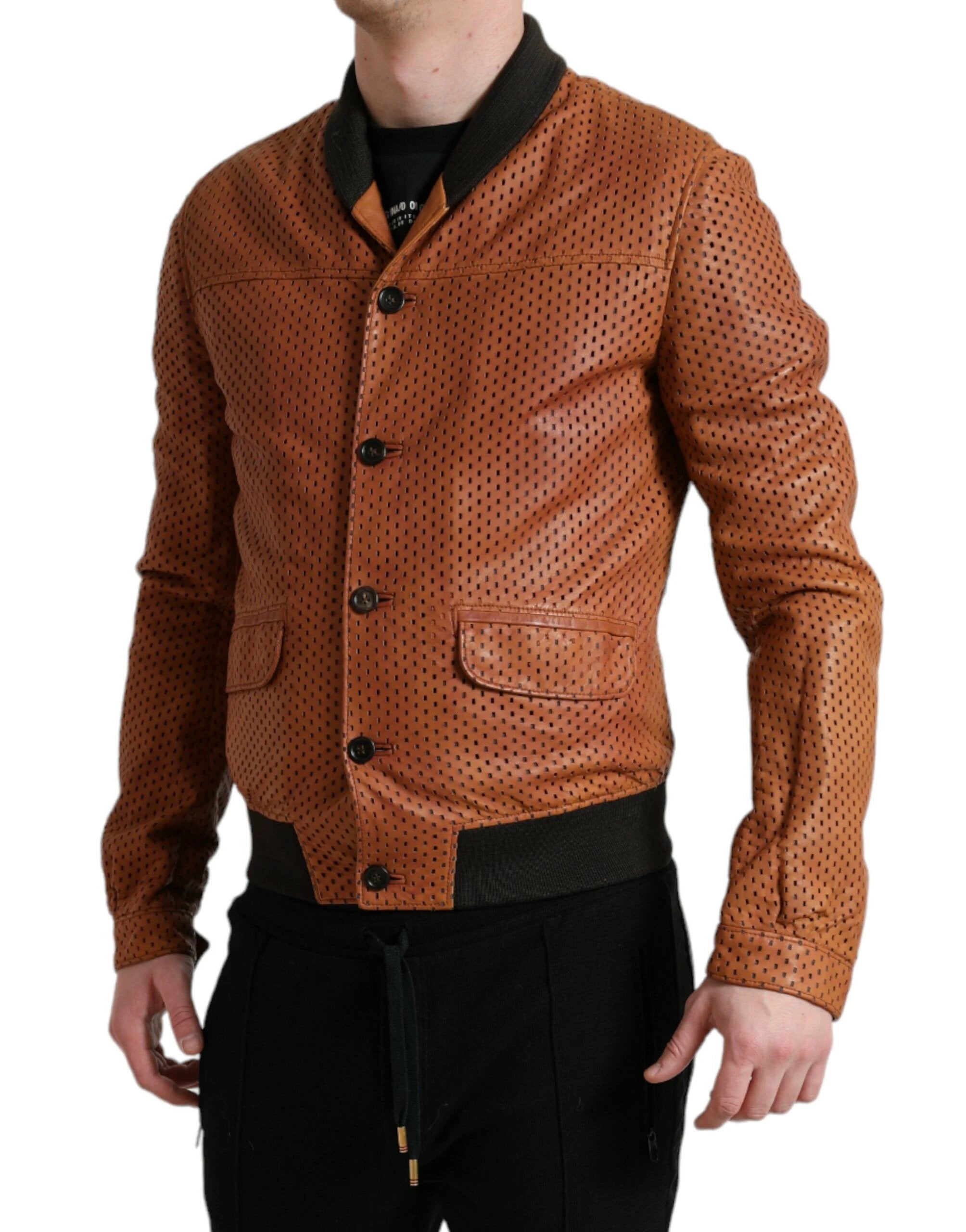 Dolce & Gabbana Brown Lambskin Leather Perforated Jacket by Dolce & Gabbana
