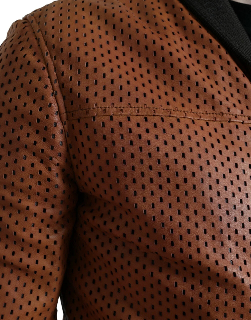 Dolce & Gabbana Brown Lambskin Leather Perforated Jacket by Dolce & Gabbana