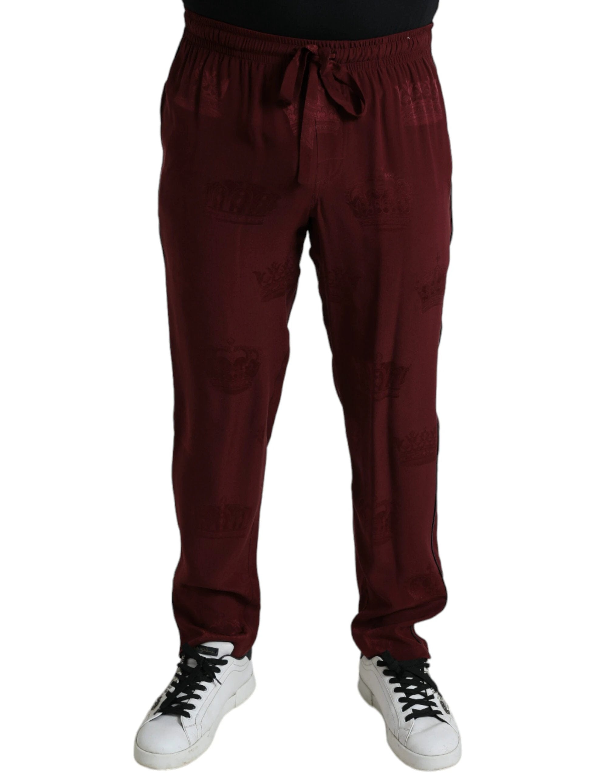 Dolce & Gabbana Maroon Crown Pattern Silk Pajama Pants by Dolce & Gabbana