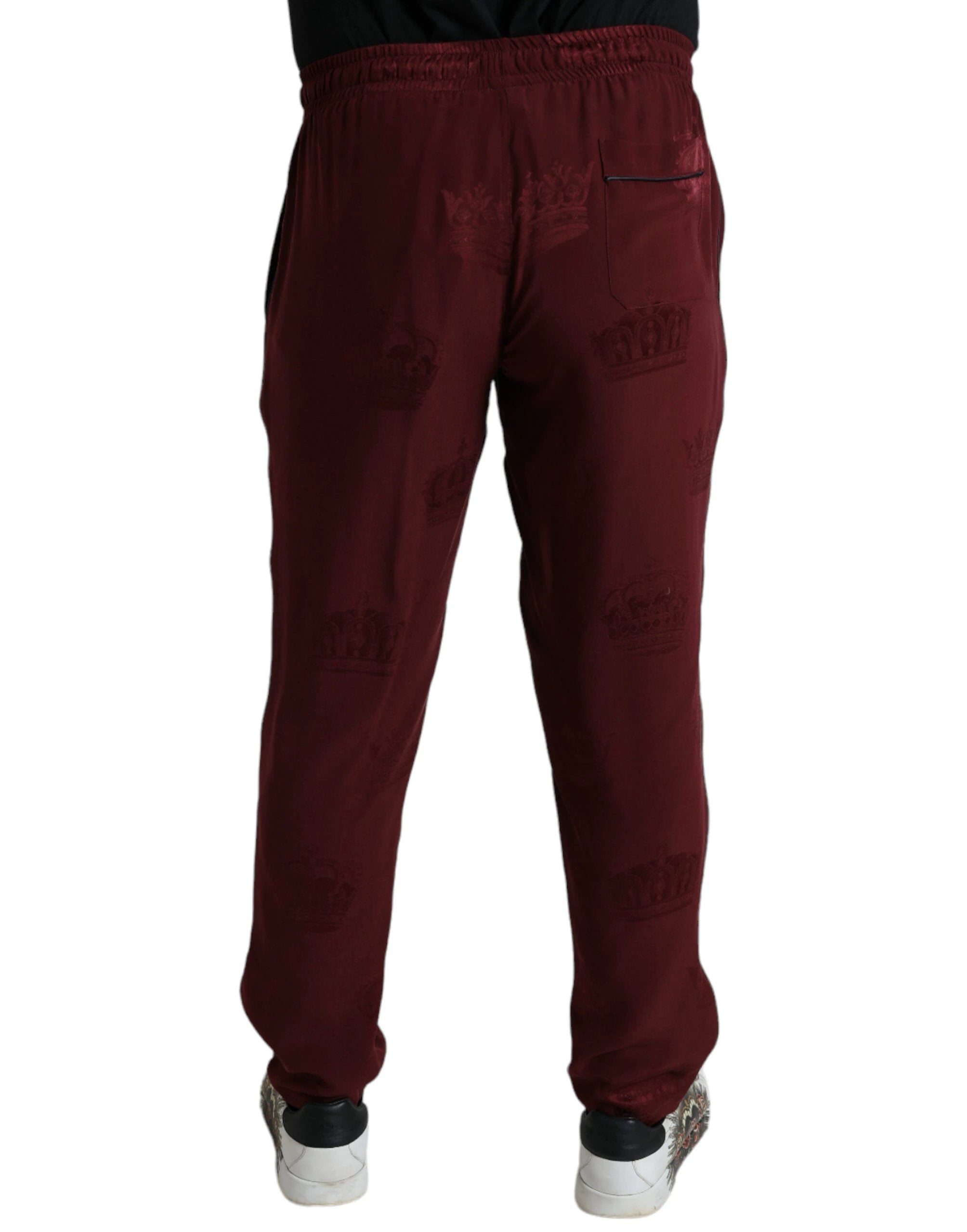 Dolce & Gabbana Maroon Crown Pattern Silk Pajama Pants by Dolce & Gabbana