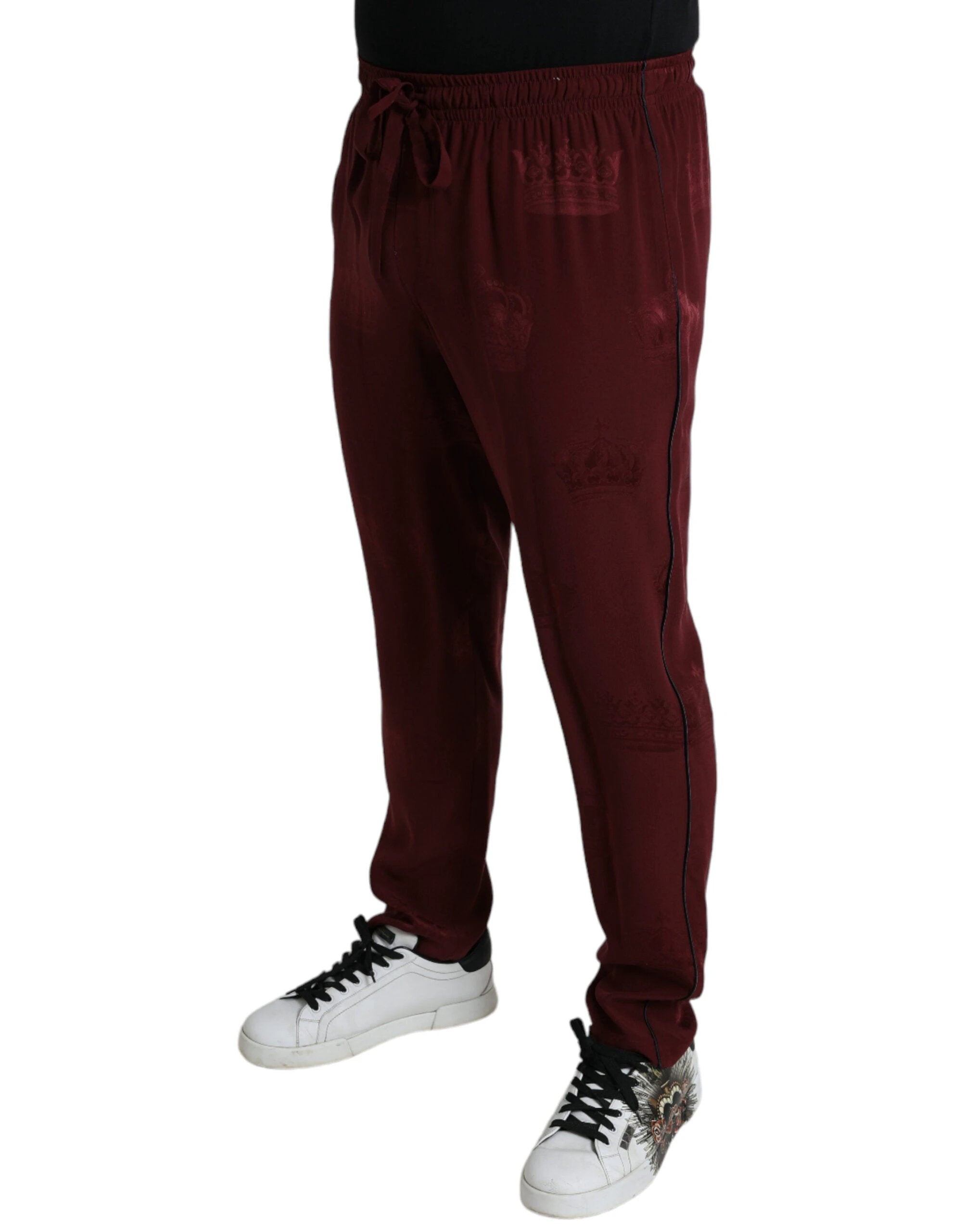 Dolce & Gabbana Maroon Crown Pattern Silk Pajama Pants by Dolce & Gabbana