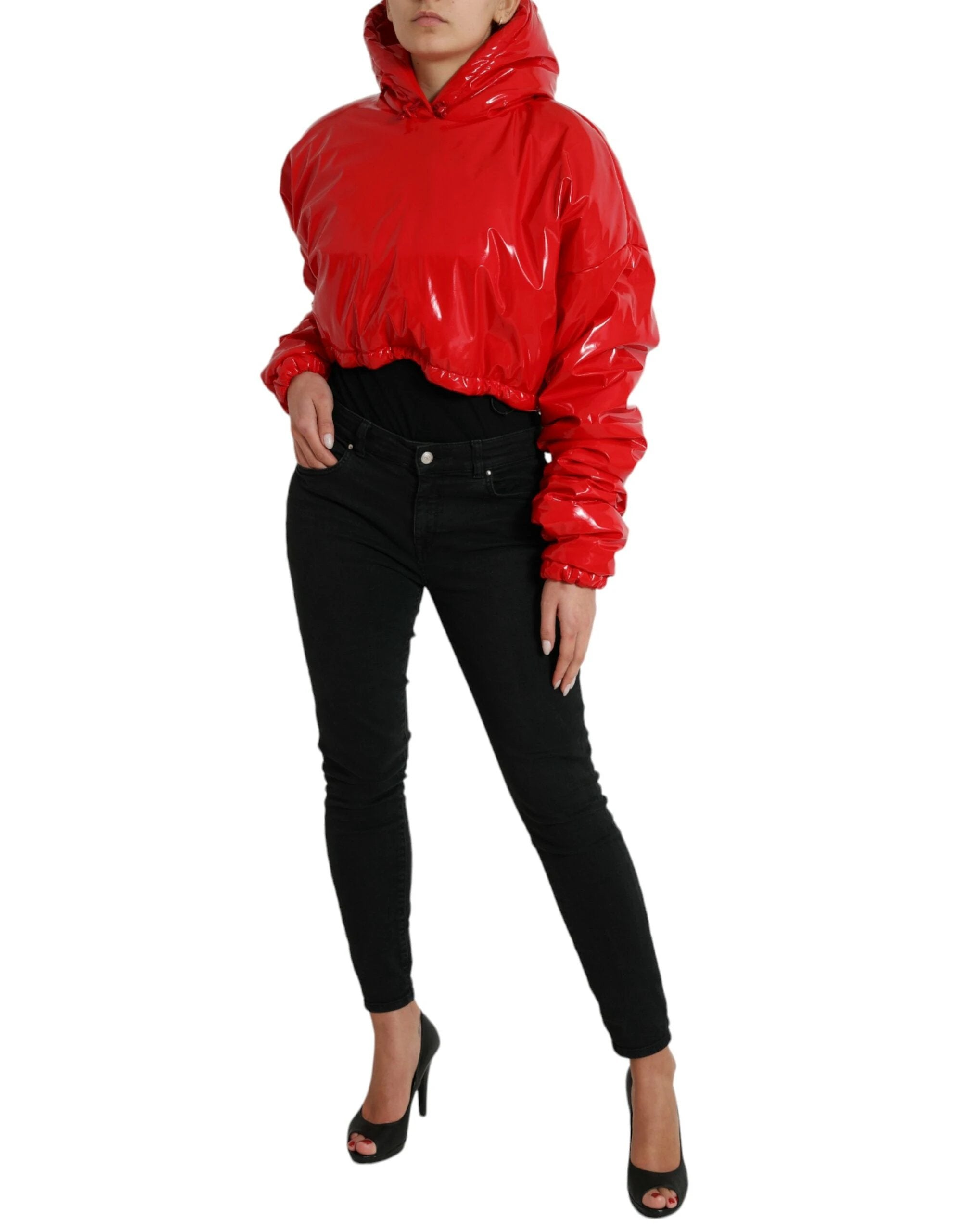 Dolce & Gabbana Shiny Red Hooded Cropped Short Coat Jacket by Dolce & Gabbana