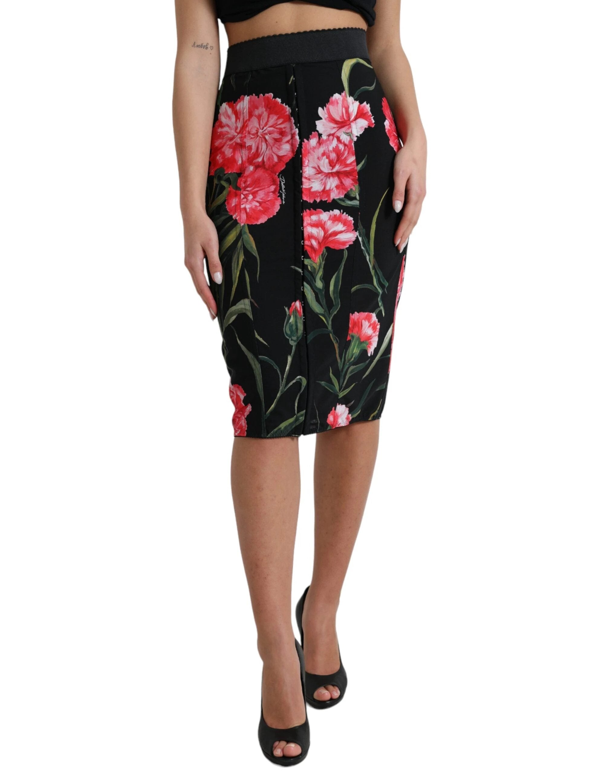 Dolce & Gabbana Black Carnation Pencil Cut Knee Length Skirt by Dolce & Gabbana