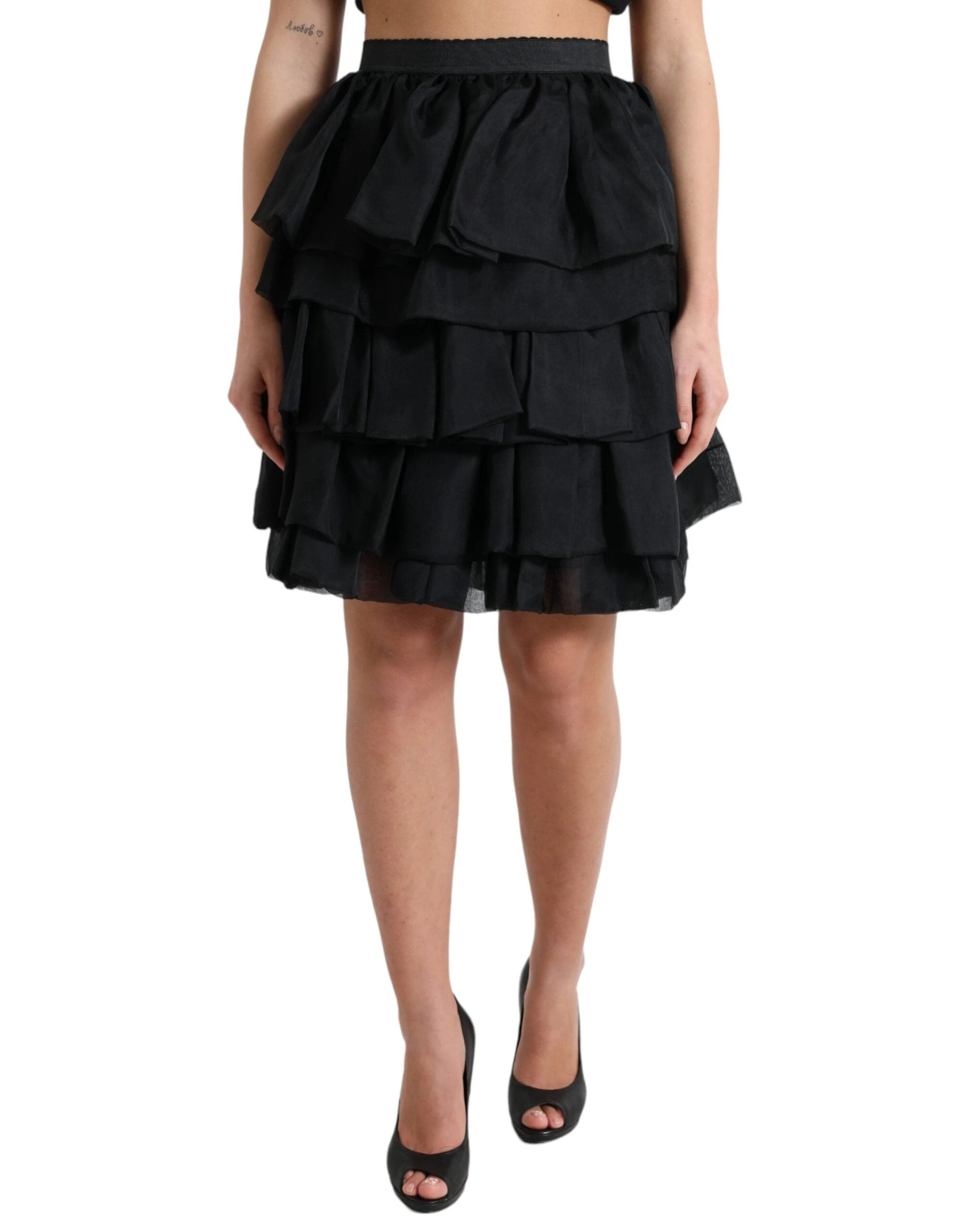 Dolce & Gabbana Black Tiered Aline High Waist Silk Mini Skirt by Dolce & Gabbana