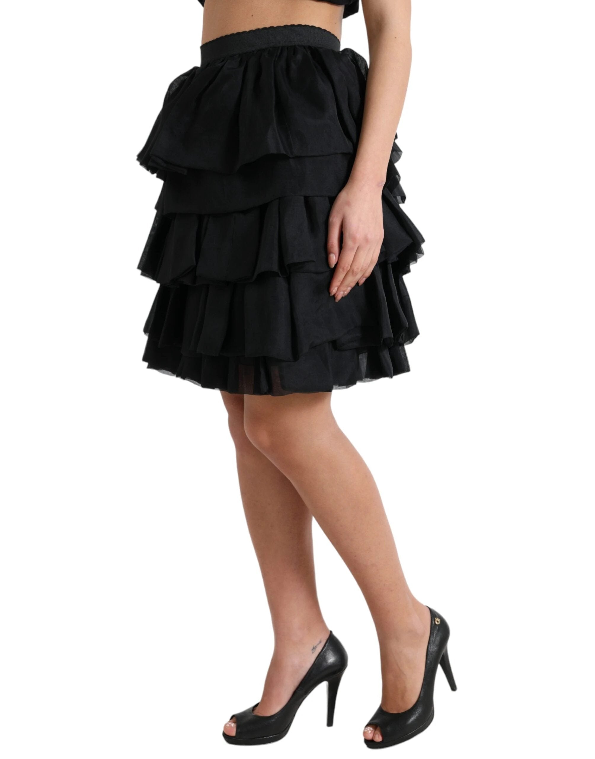 Dolce & Gabbana Black Tiered Aline High Waist Silk Mini Skirt by Dolce & Gabbana