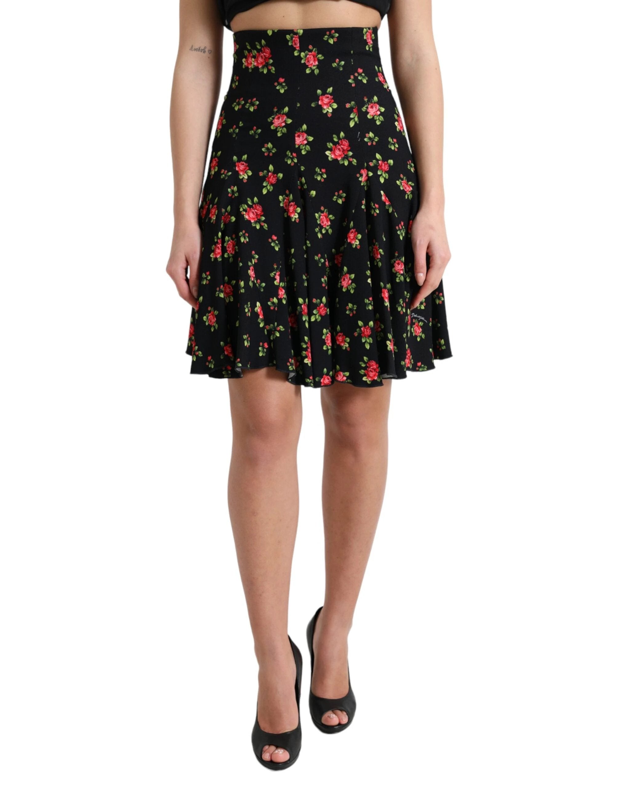 Dolce & Gabbana Black Rose Print High Waist A-line Mini Skirt by Dolce & Gabbana