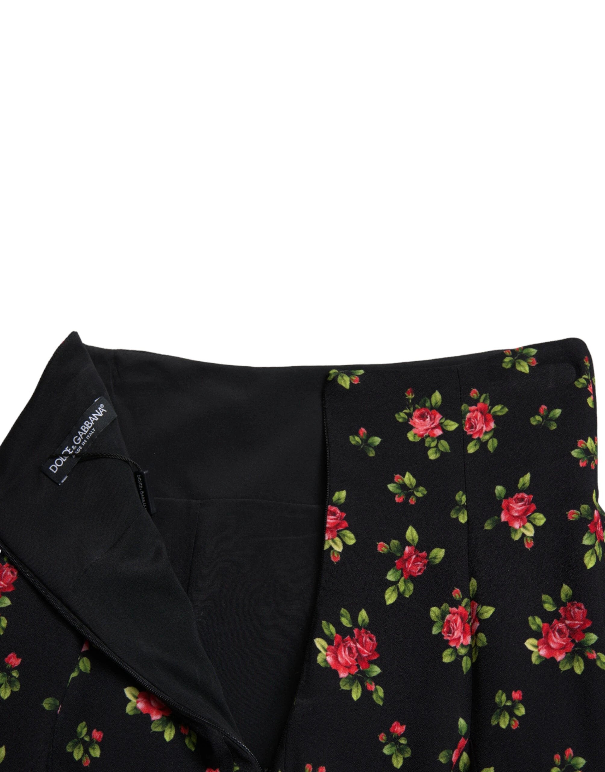 Dolce & Gabbana Black Rose Print High Waist A-line Mini Skirt by Dolce & Gabbana