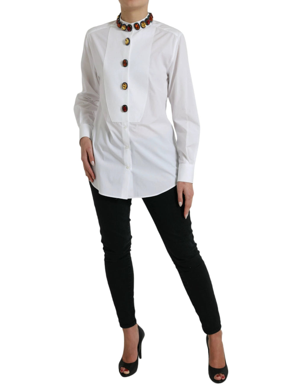 Dolce & Gabbana White Cotton Crystals Embellished Shirt Top by Dolce & Gabbana