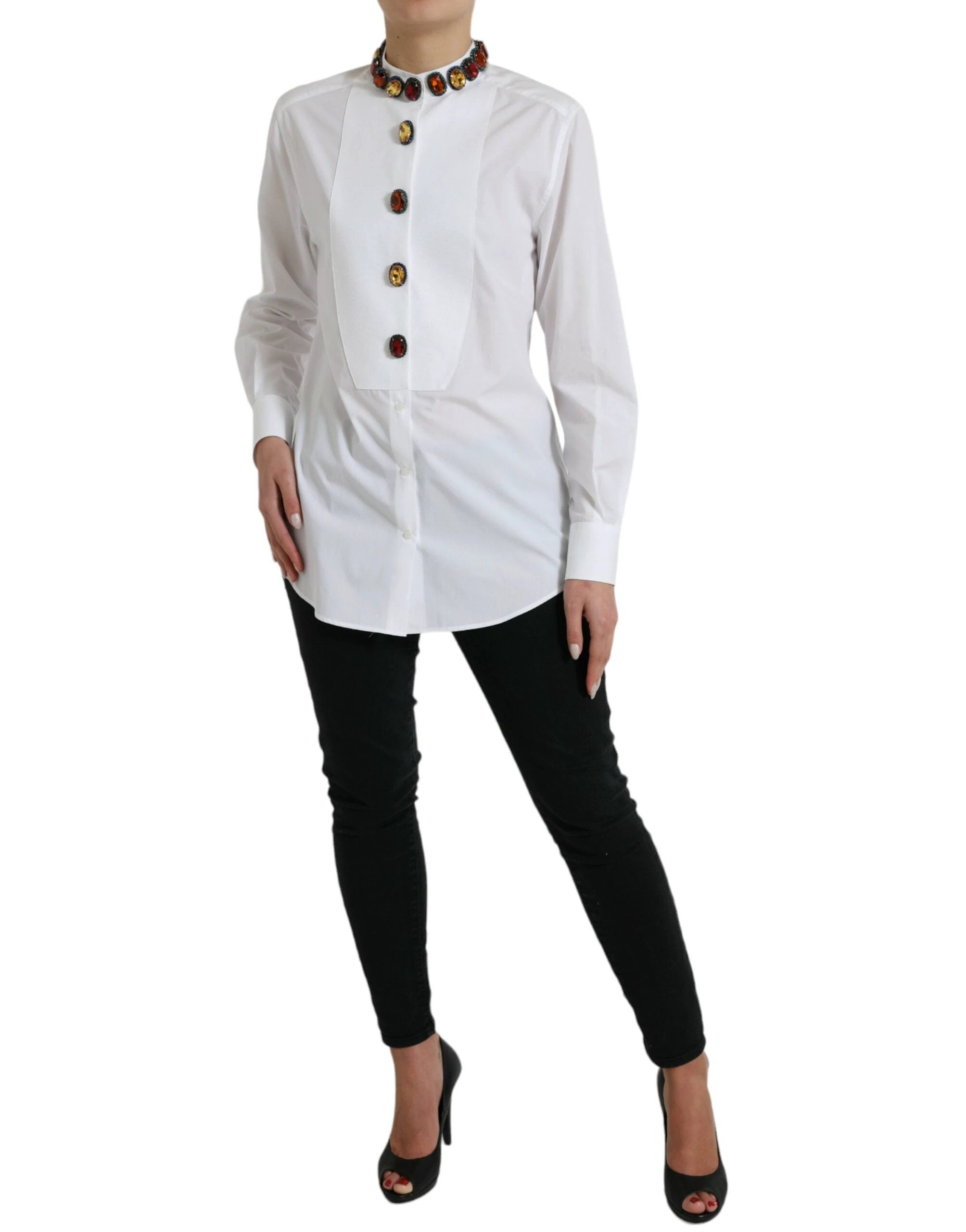 Dolce & Gabbana White Cotton Crystals Embellished Shirt Top by Dolce & Gabbana