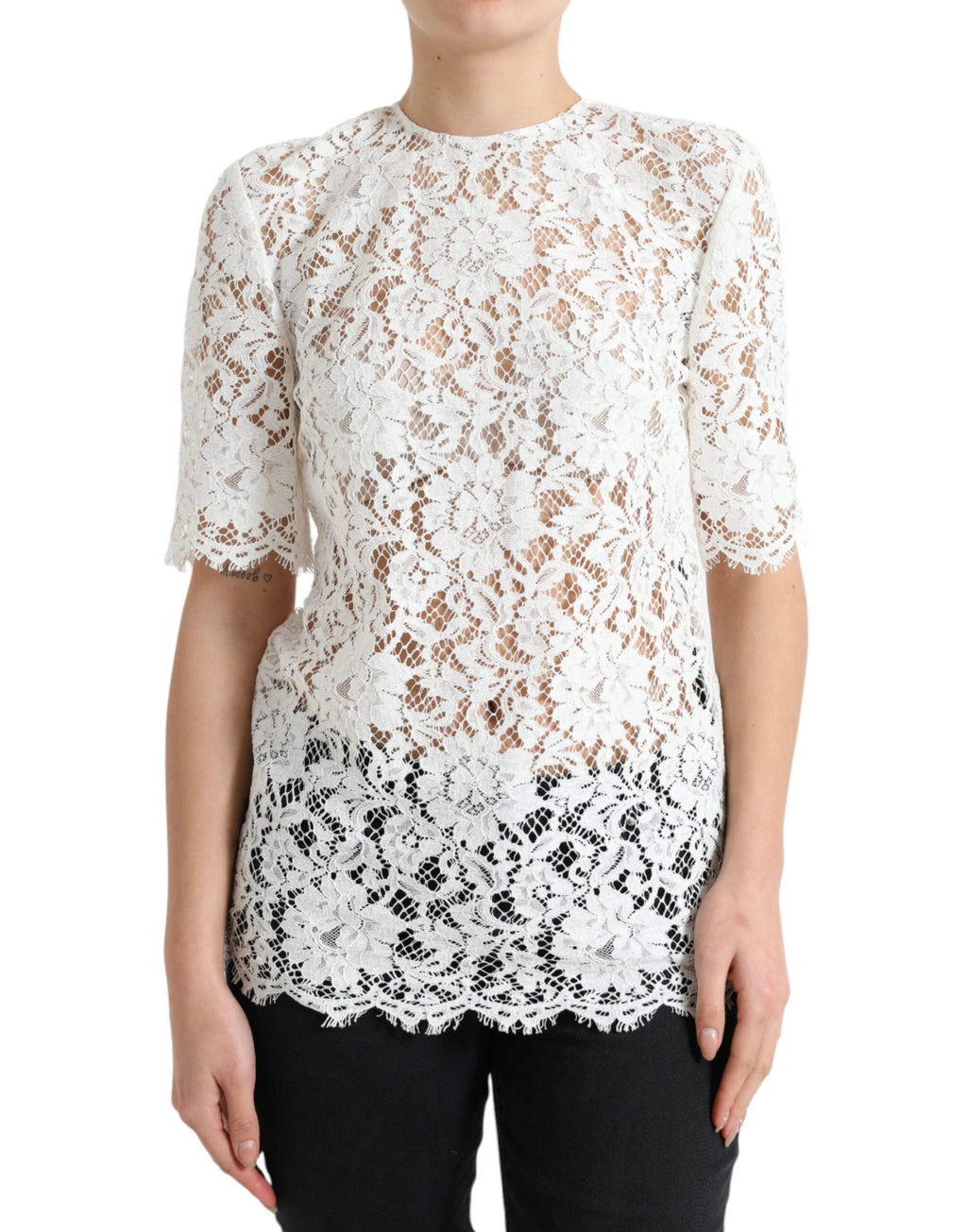 Dolce & Gabbana White Floral Lace Cotton Round Neck Blouse Top by Dolce & Gabbana