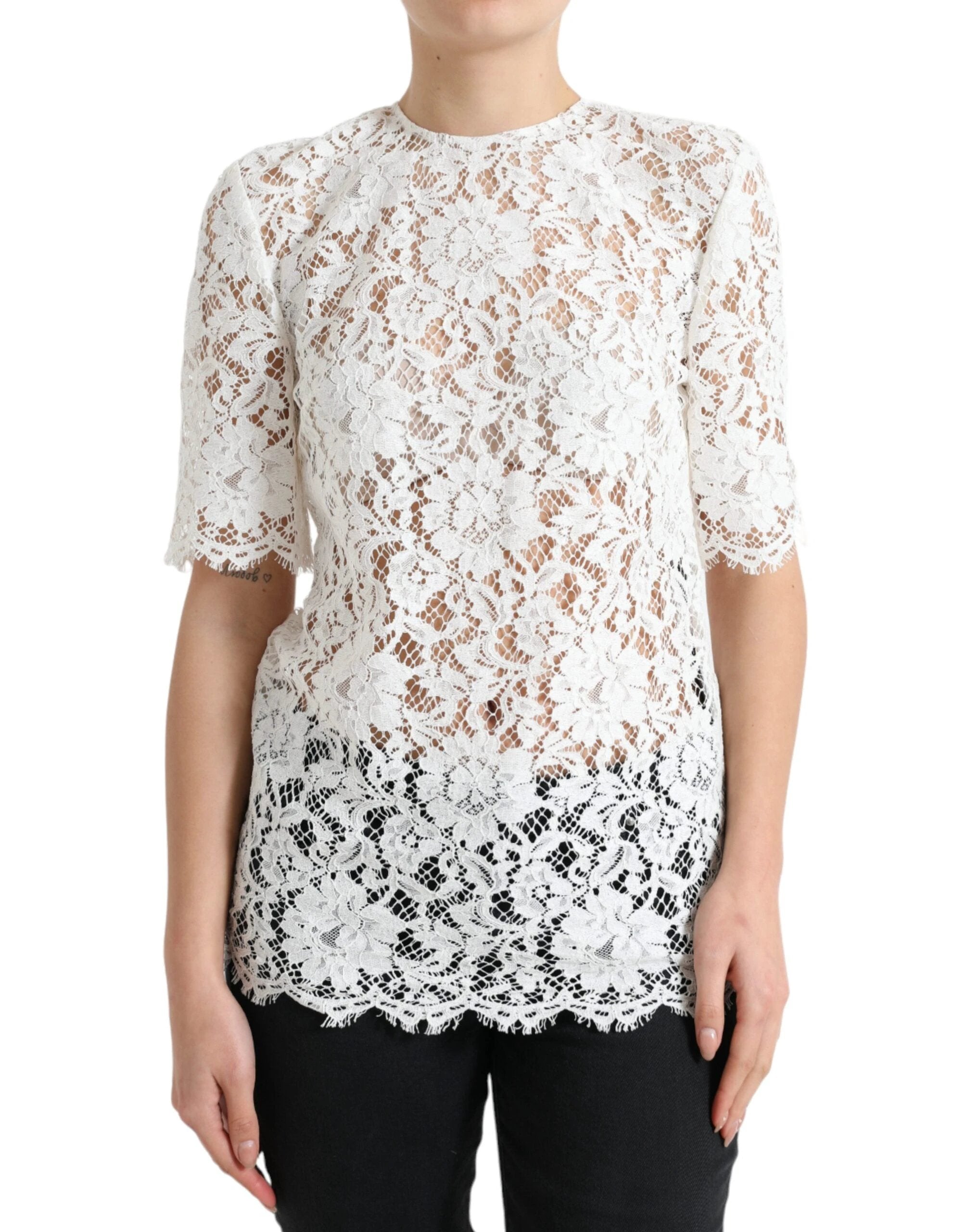 Dolce & Gabbana White Floral Lace Cotton Round Neck Blouse Top by Dolce & Gabbana