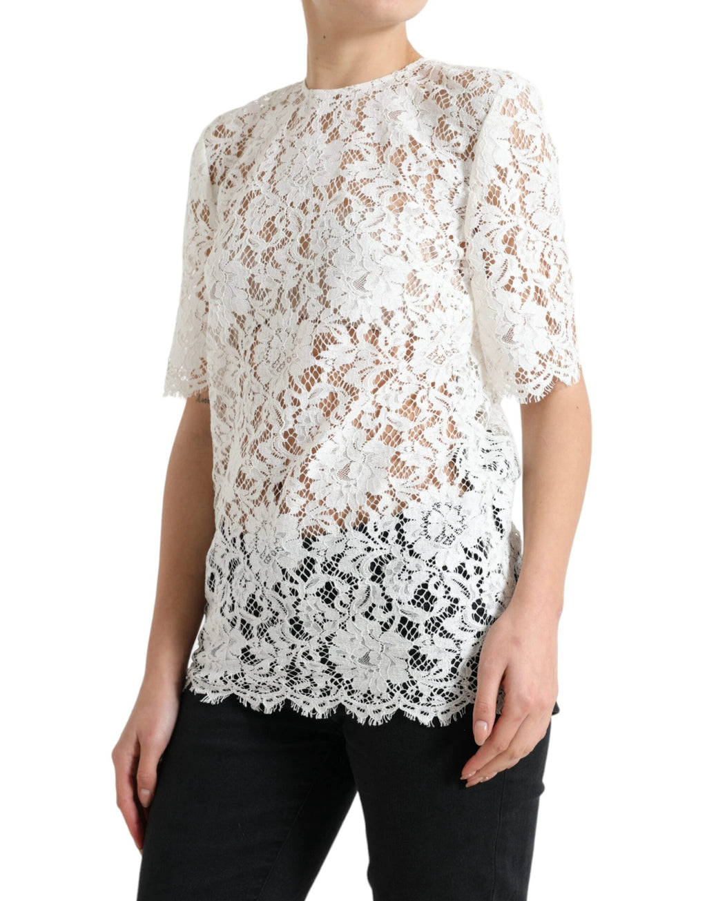 Dolce & Gabbana White Floral Lace Cotton Round Neck Blouse Top by Dolce & Gabbana