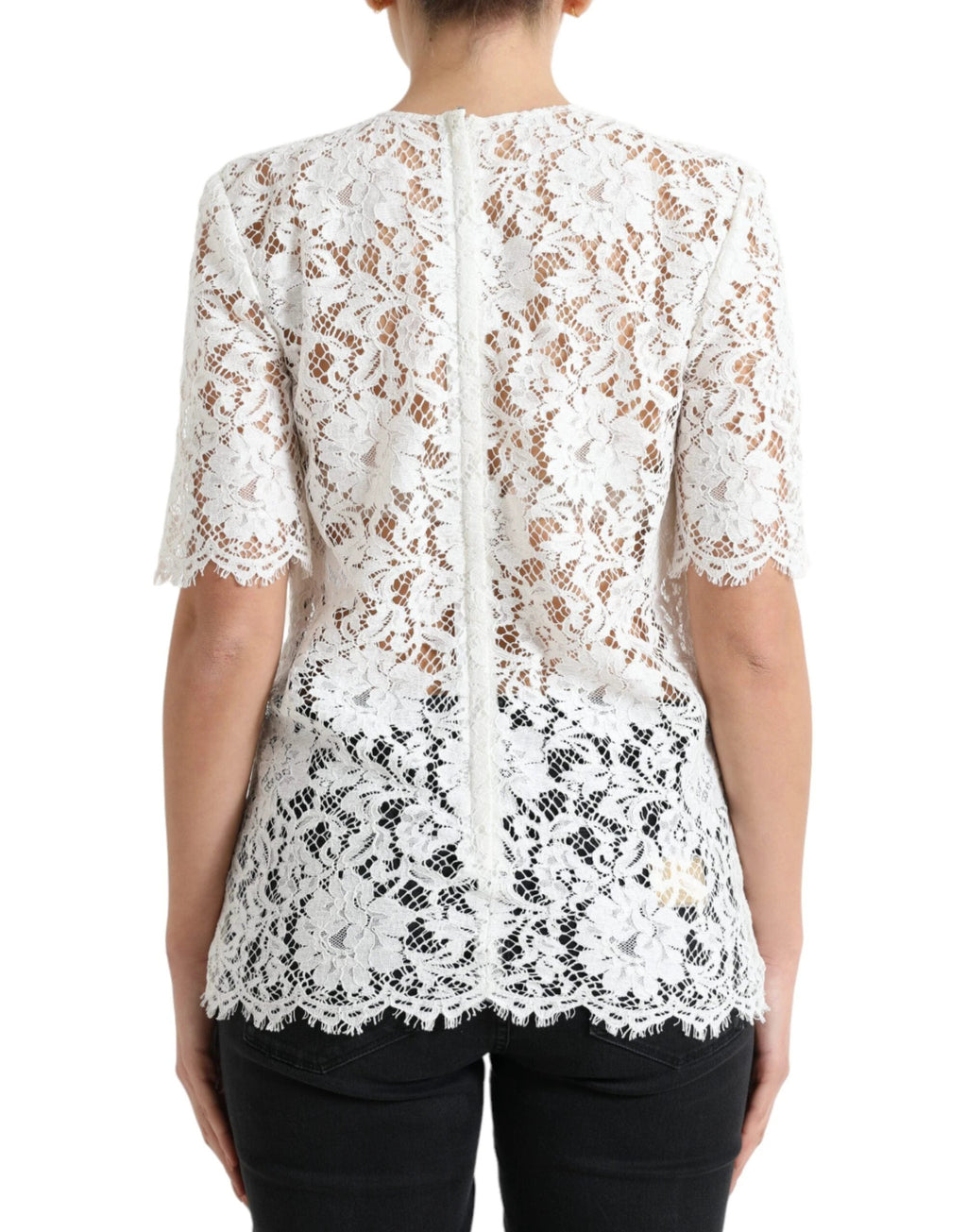 Dolce & Gabbana White Floral Lace Cotton Round Neck Blouse Top by Dolce & Gabbana