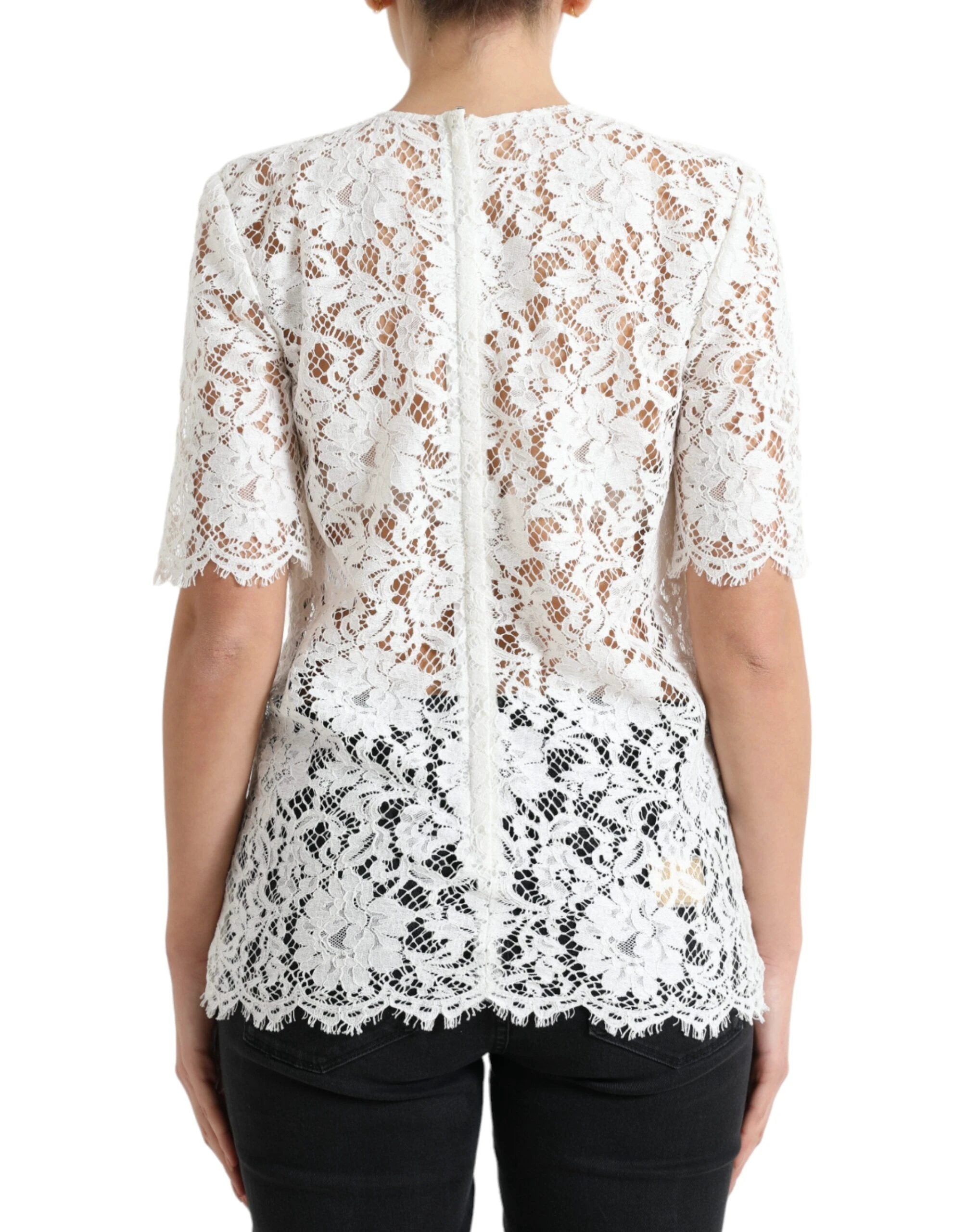 Dolce & Gabbana White Floral Lace Cotton Round Neck Blouse Top by Dolce & Gabbana