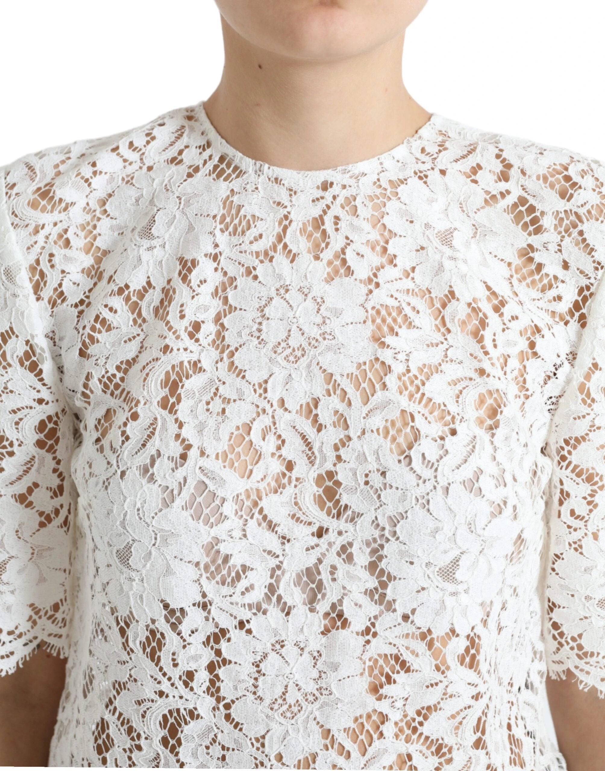 Dolce & Gabbana White Floral Lace Cotton Round Neck Blouse Top by Dolce & Gabbana