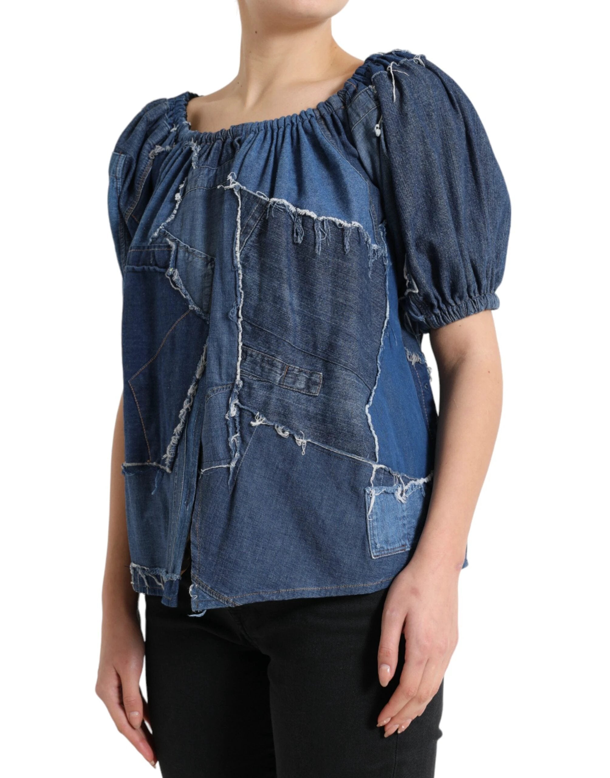 Dolce & Gabbana Blue Patchwork Short Sleeves Denim Blouse Top by Dolce & Gabbana