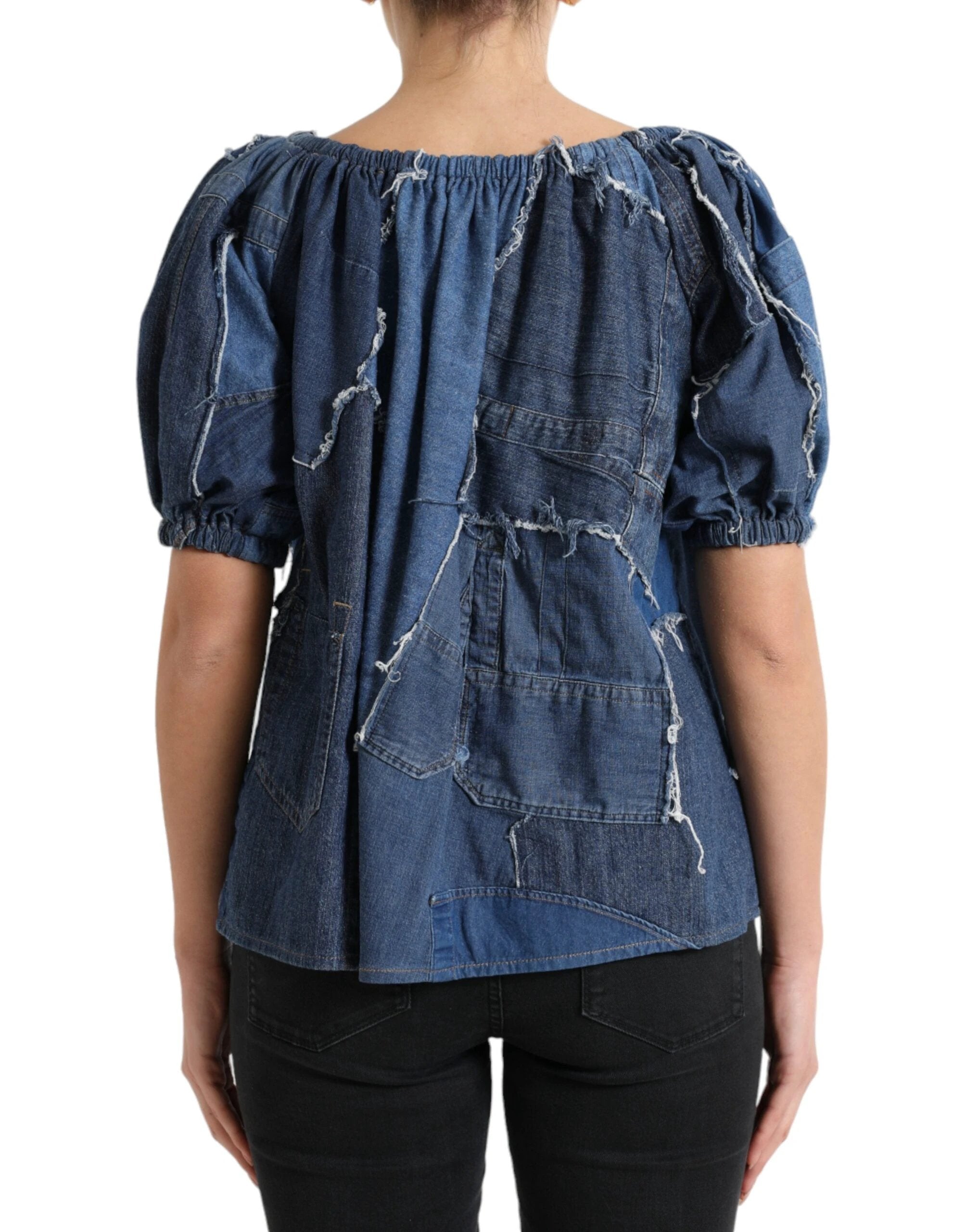 Dolce & Gabbana Blue Patchwork Short Sleeves Denim Blouse Top by Dolce & Gabbana