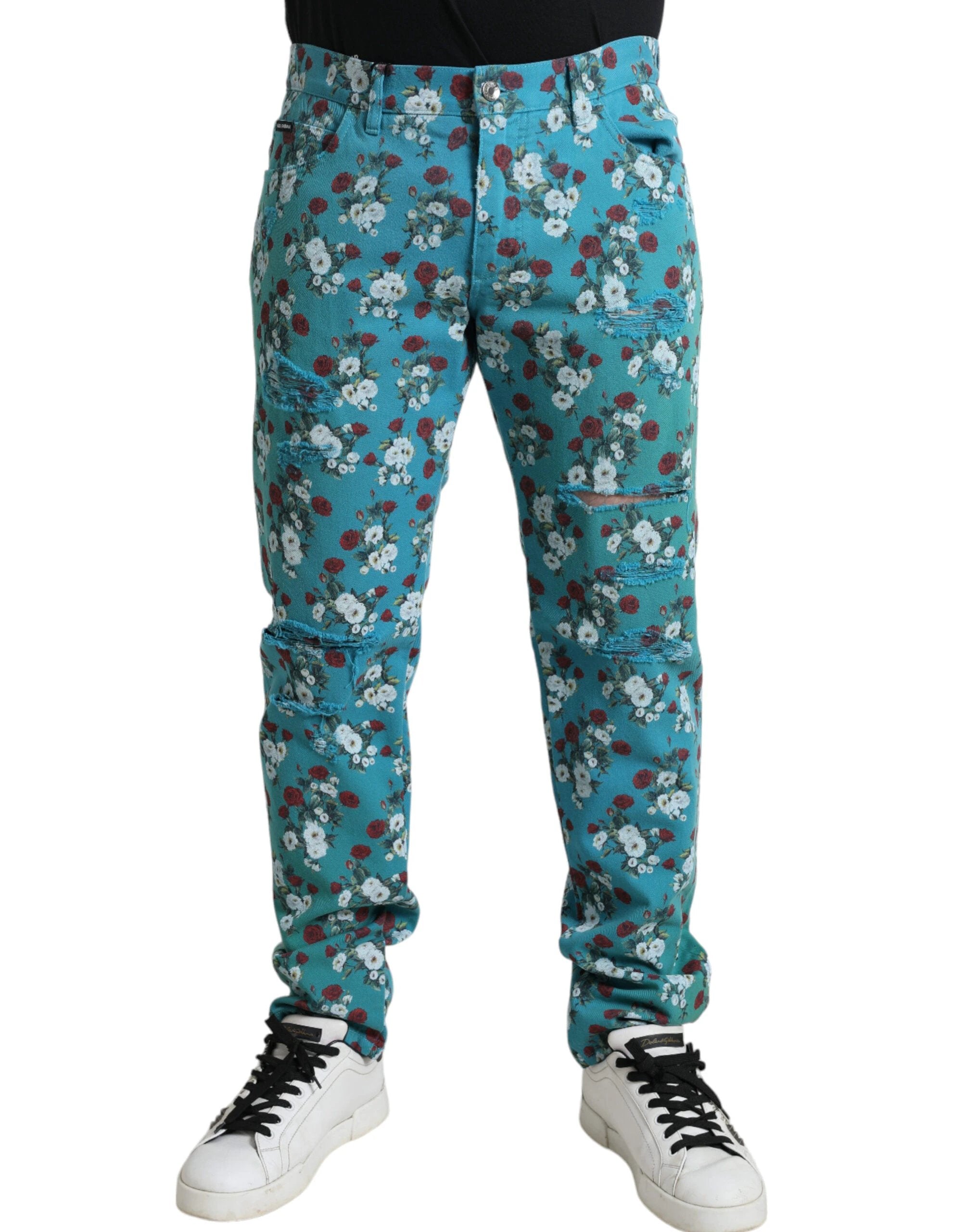 Dolce & Gabbana Blue Floral Print Skinny Cotton Denim Pants by Dolce & Gabbana