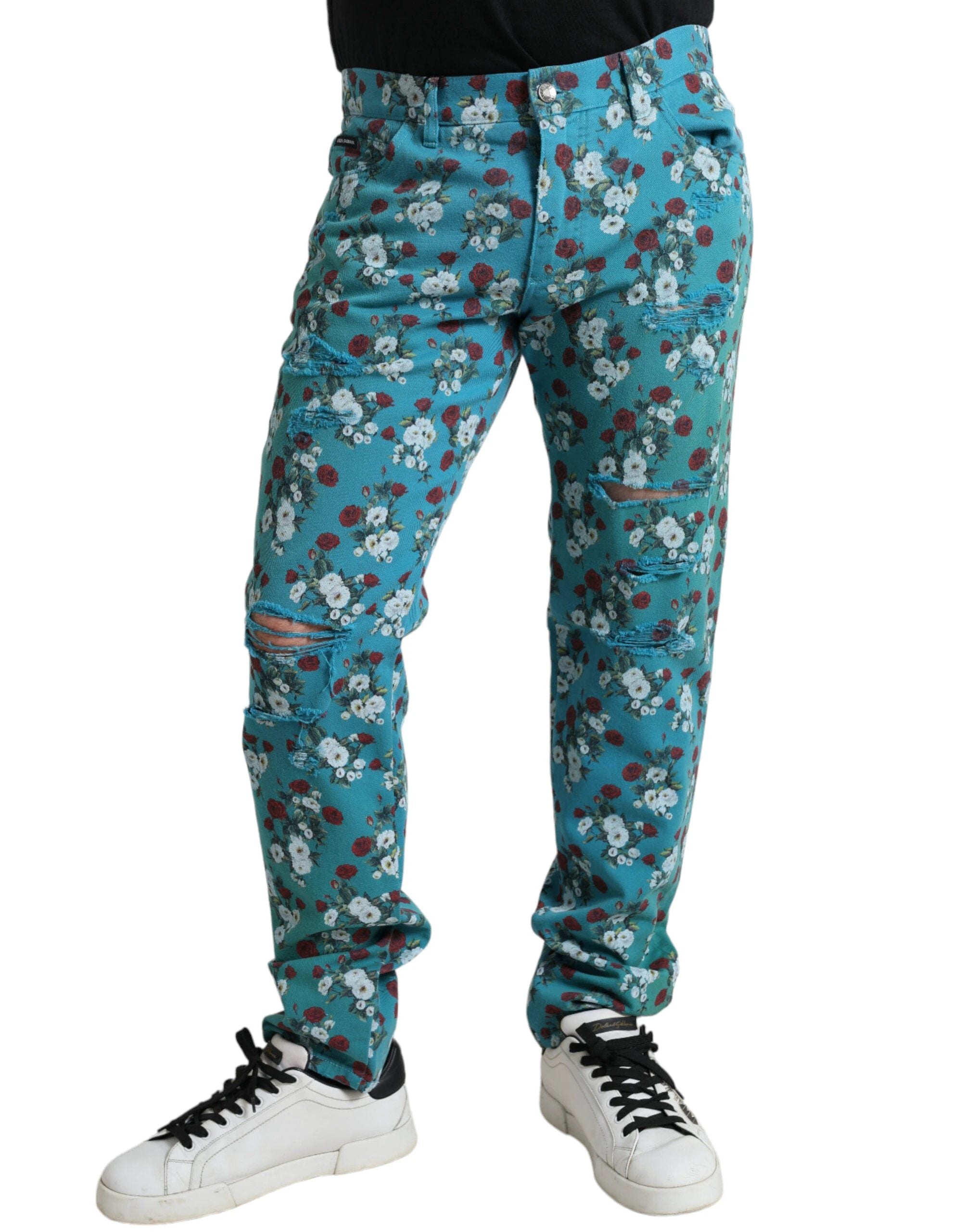 Dolce & Gabbana Blue Floral Print Skinny Cotton Denim Pants by Dolce & Gabbana
