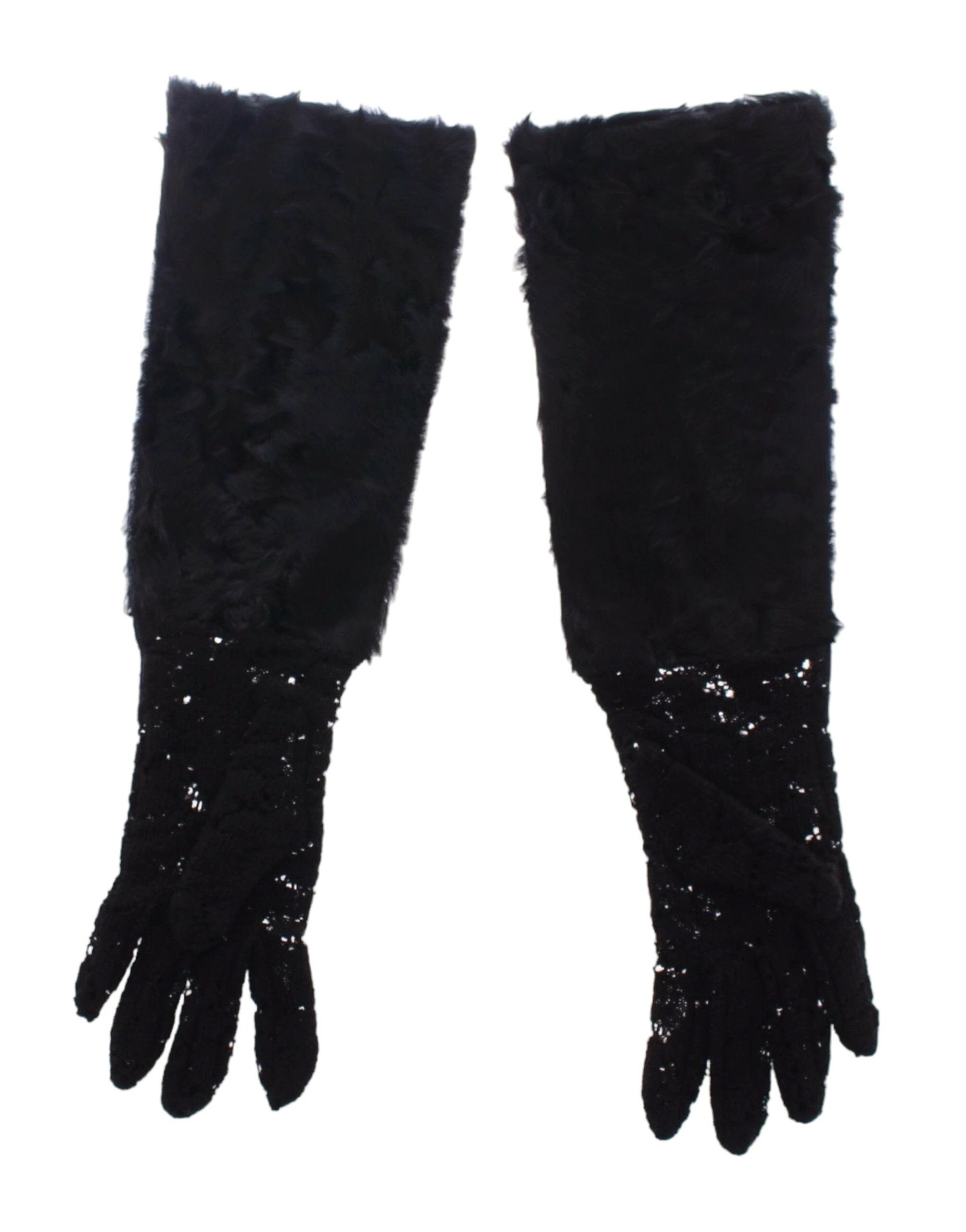 Dolce & Gabbana Black Lace Wool Lambskin Fur Elbow Gloves by Dolce & Gabbana