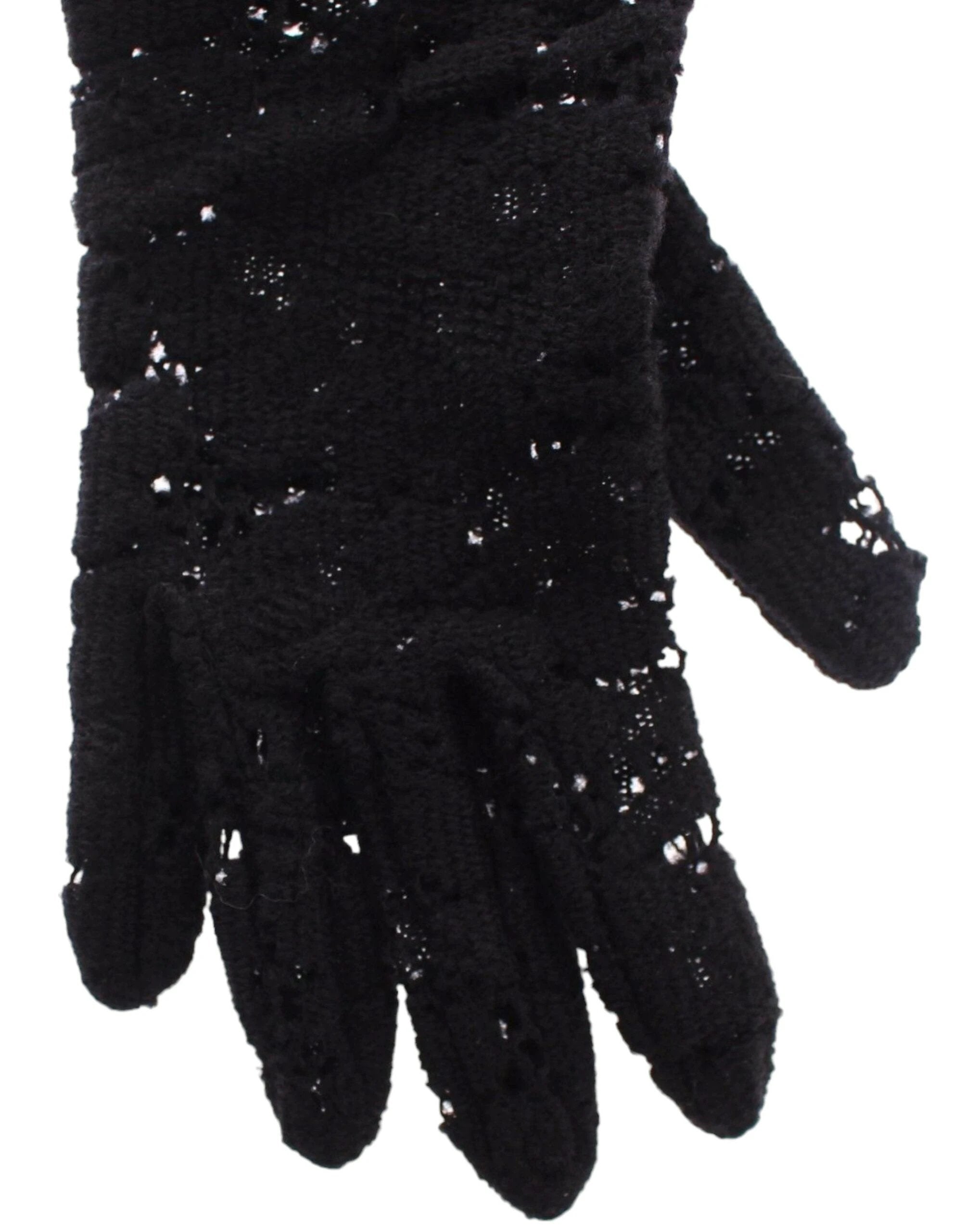 Dolce & Gabbana Black Lace Wool Lambskin Fur Elbow Gloves by Dolce & Gabbana
