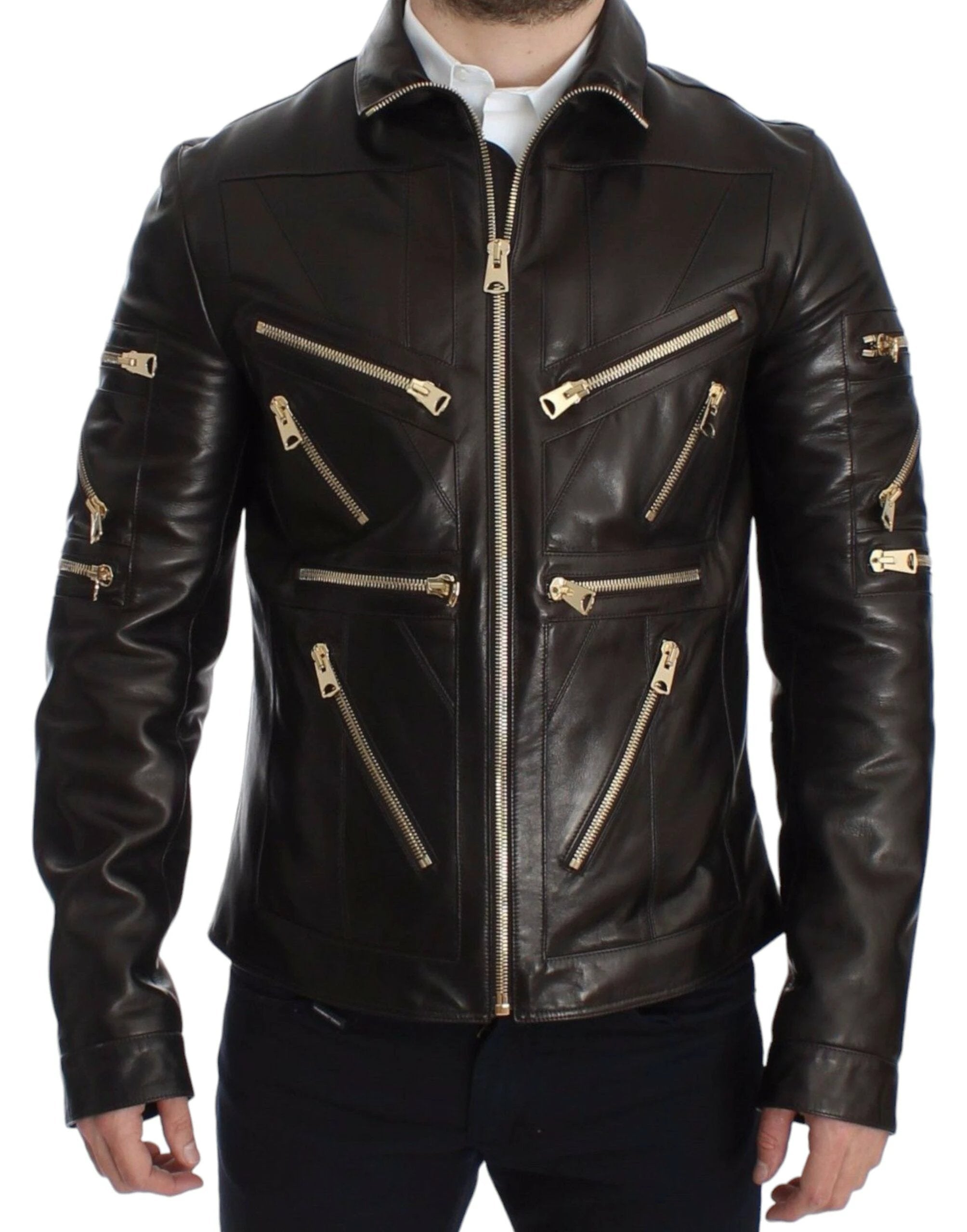 Dolce & Gabbana Brown Lambskin Leather Zipper Jacket by Dolce & Gabbana