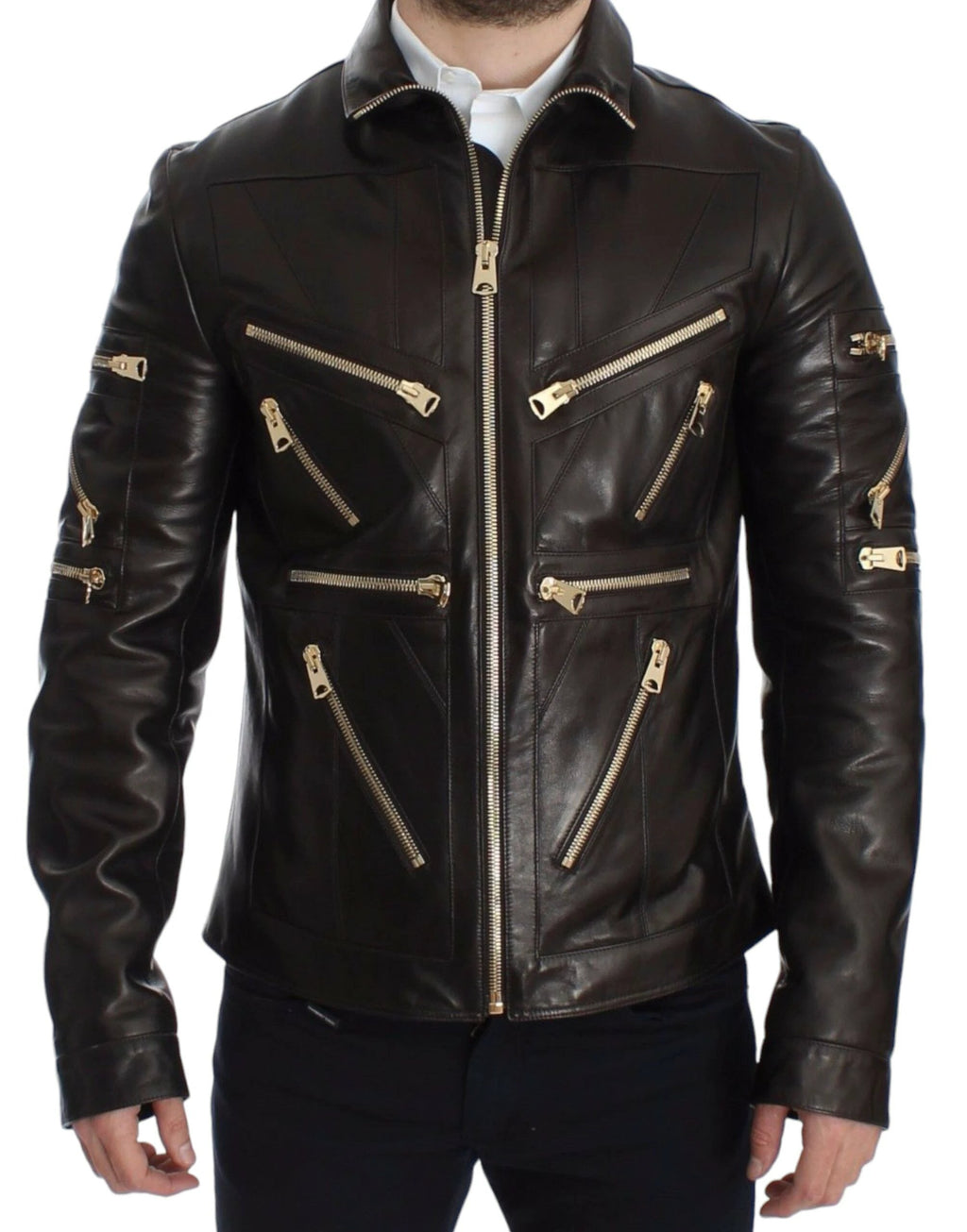Dolce & Gabbana Brown Lambskin Leather Zipper Jacket by Dolce & Gabbana