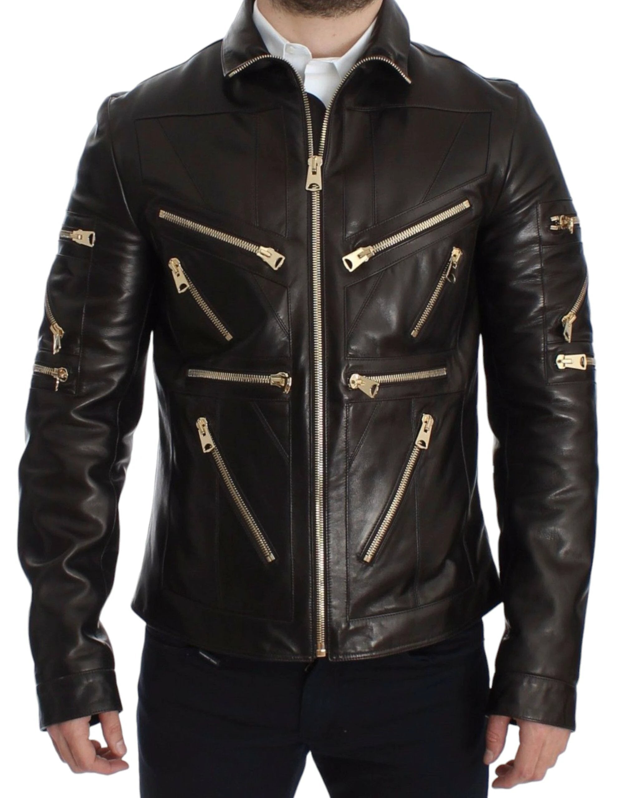 Dolce & Gabbana Brown Lambskin Leather Zipper Jacket by Dolce & Gabbana