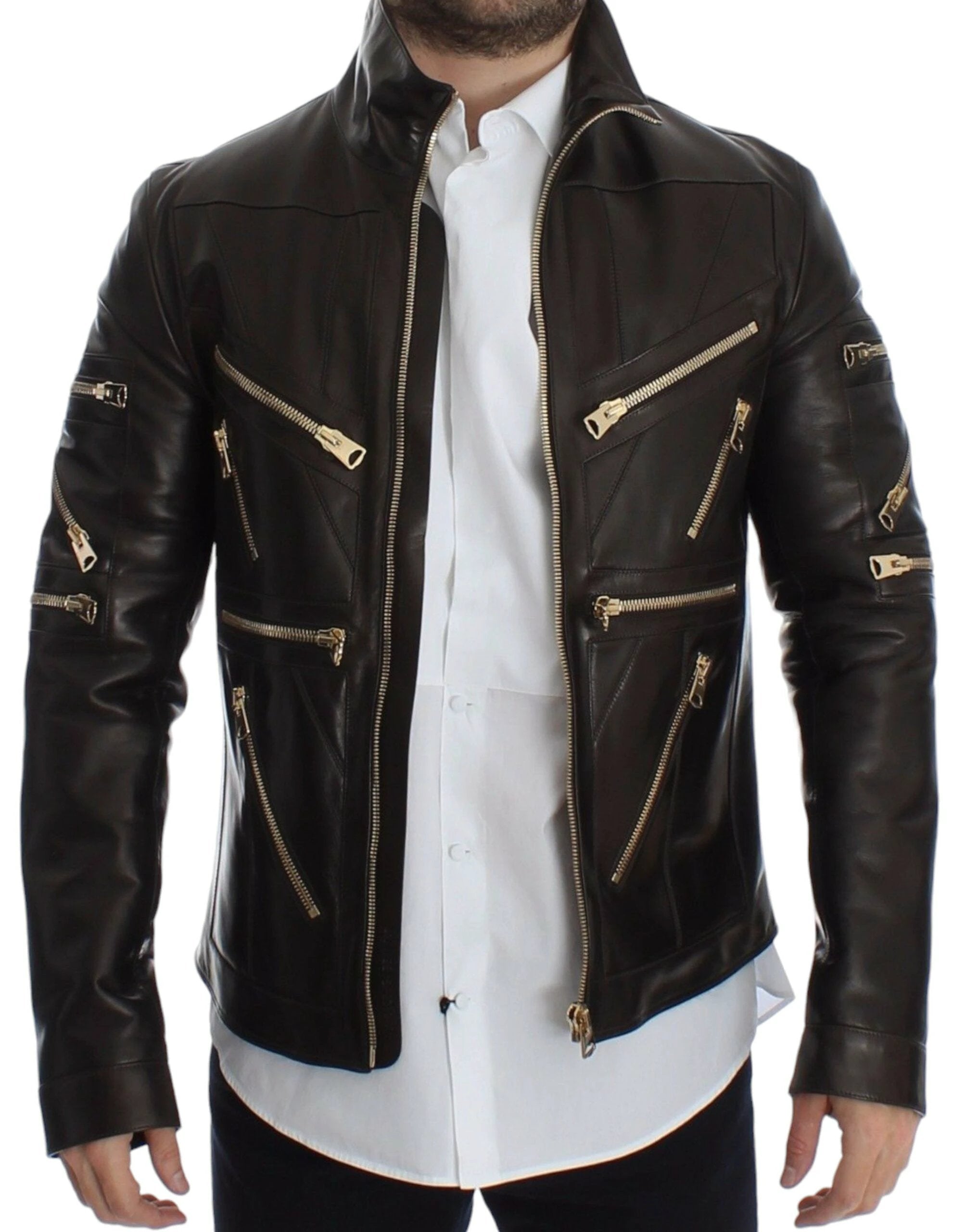 Dolce & Gabbana Brown Lambskin Leather Zipper Jacket by Dolce & Gabbana