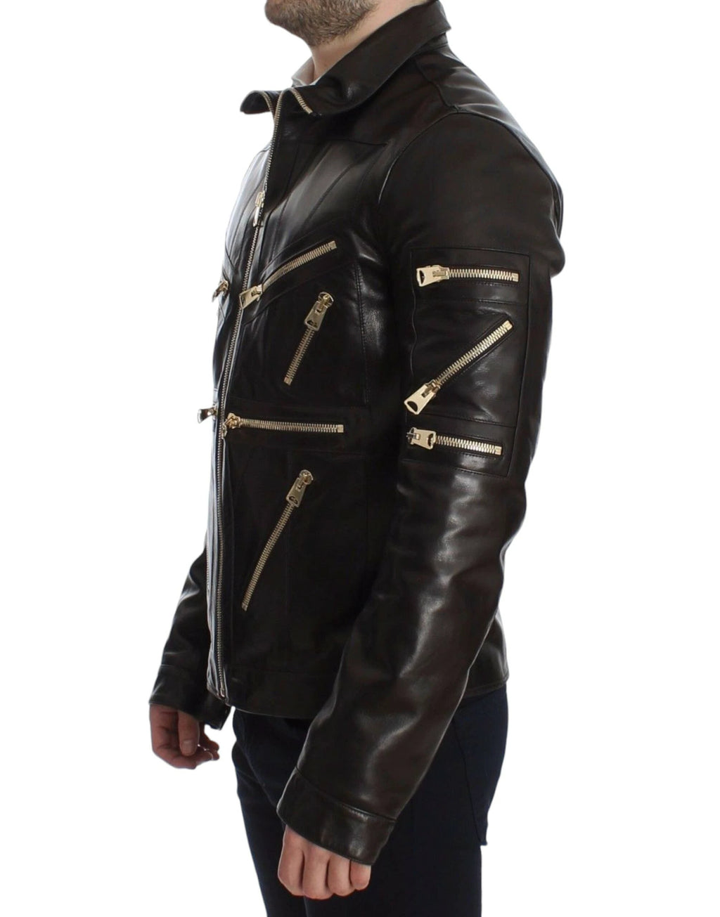 Dolce & Gabbana Brown Lambskin Leather Zipper Jacket by Dolce & Gabbana