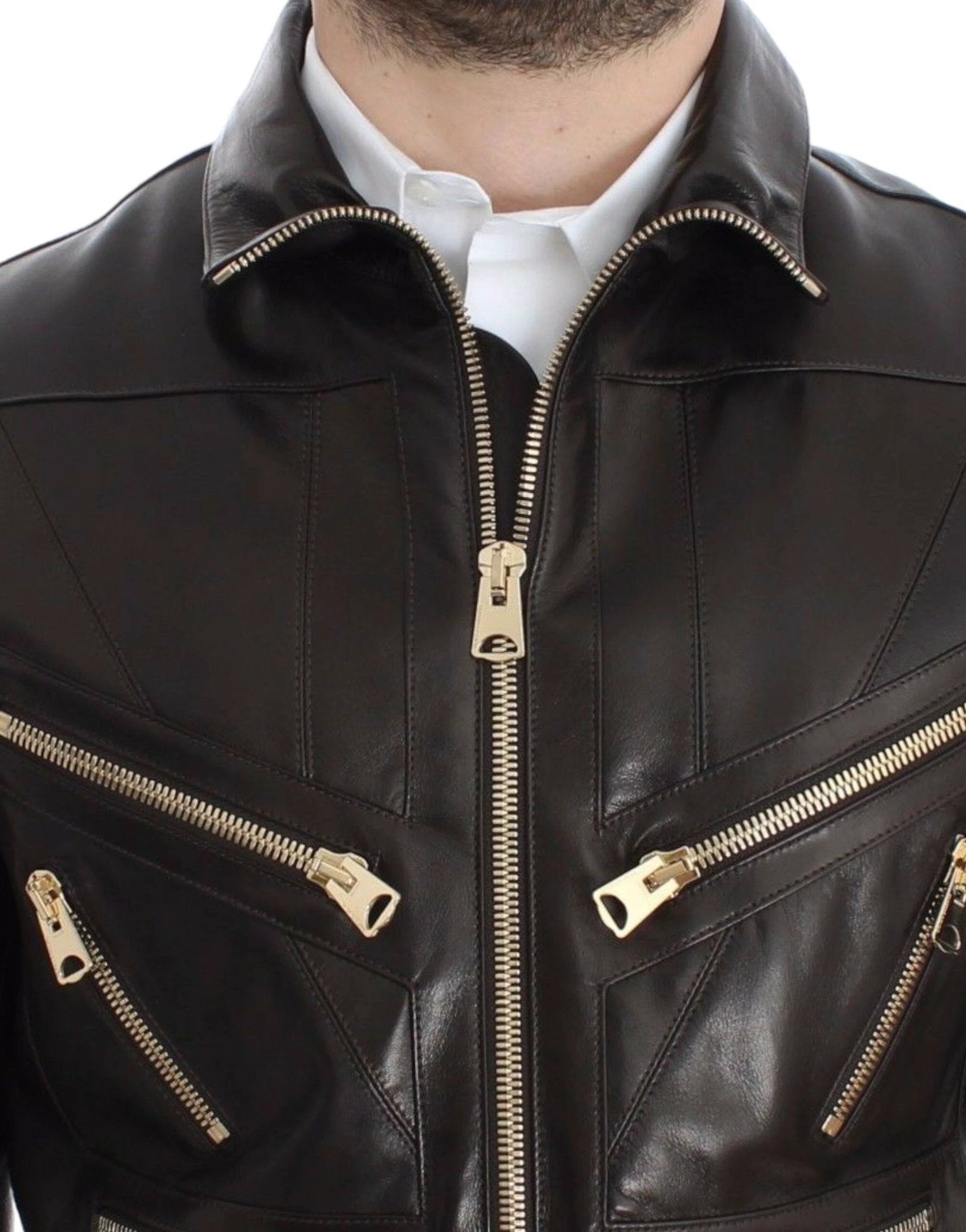Dolce & Gabbana Brown Lambskin Leather Zipper Jacket by Dolce & Gabbana
