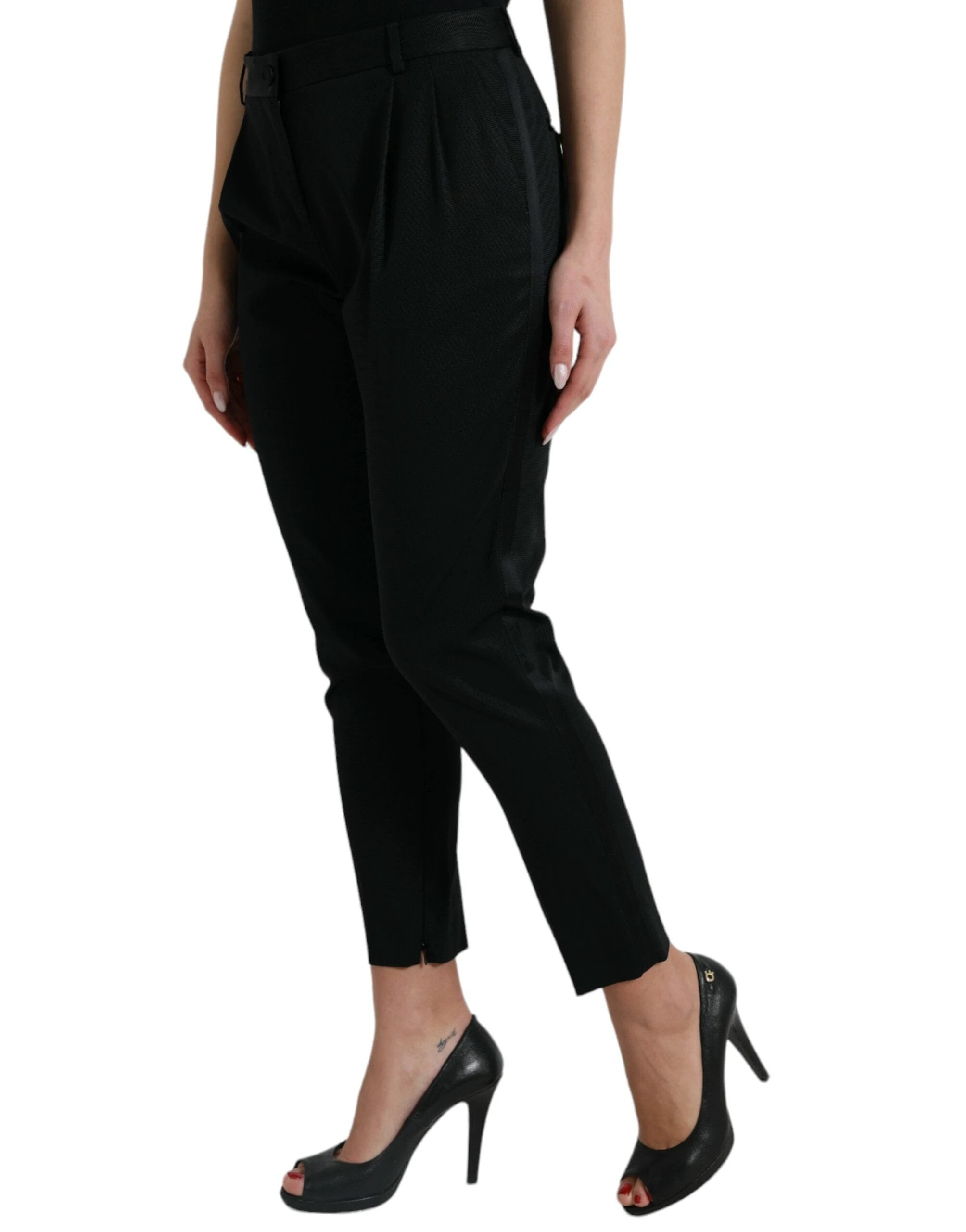 Dolce & Gabbana Black Wool High Waist Cropped Tapered Pants by Dolce & Gabbana